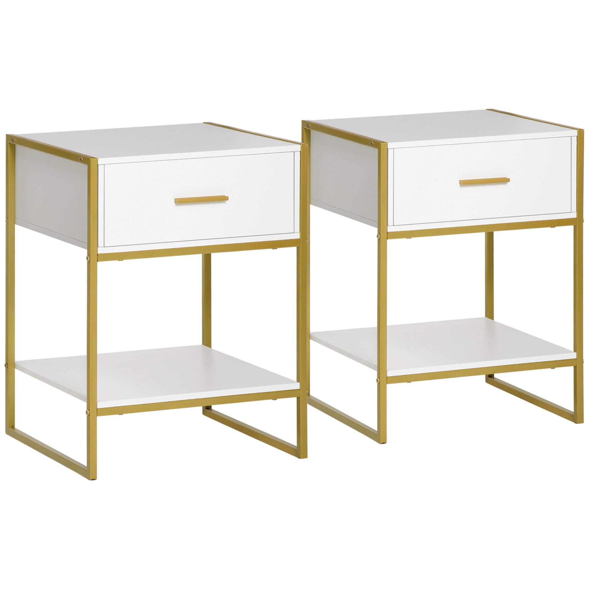Set of Two Elegant Bedside Tables - White/Gold-Tone-0