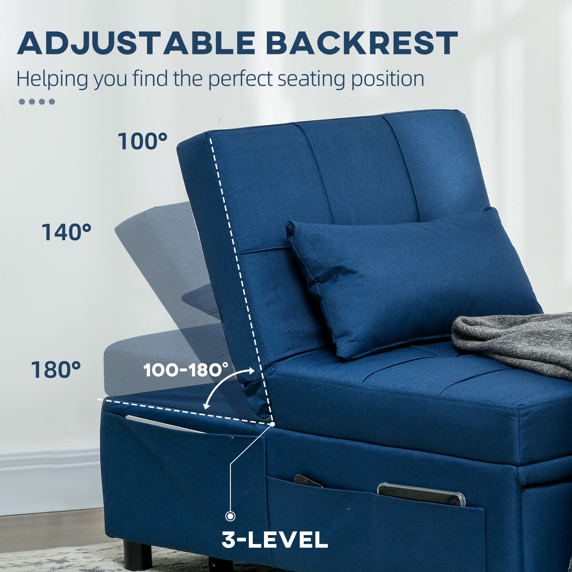 Convertible Chair Bed w/ Padding Seat, 3-in-1 Multi-Functional Sleeper Chair Bed, Recliner w/ Adjustable Backrest, Wheels and Pillow, Blue-4