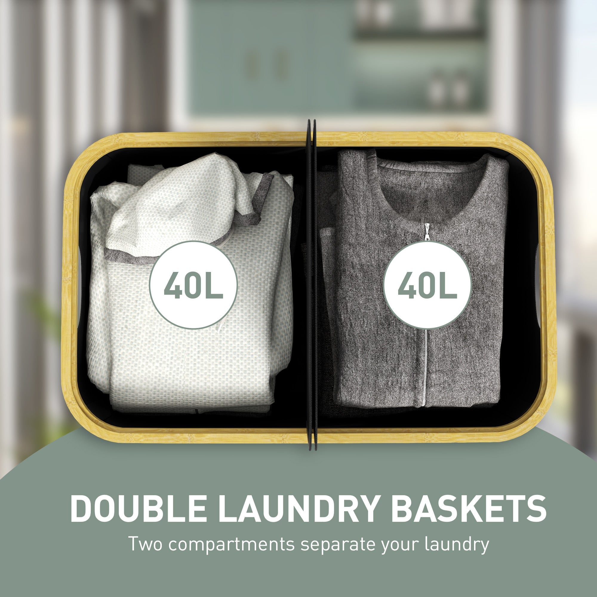 Double Laundry Basket With Lid, 80L Collapsible Laundry Hamper with Groove Handles, Washing Basket for Bathroom, Bedroom, Laundry Room, Black-3