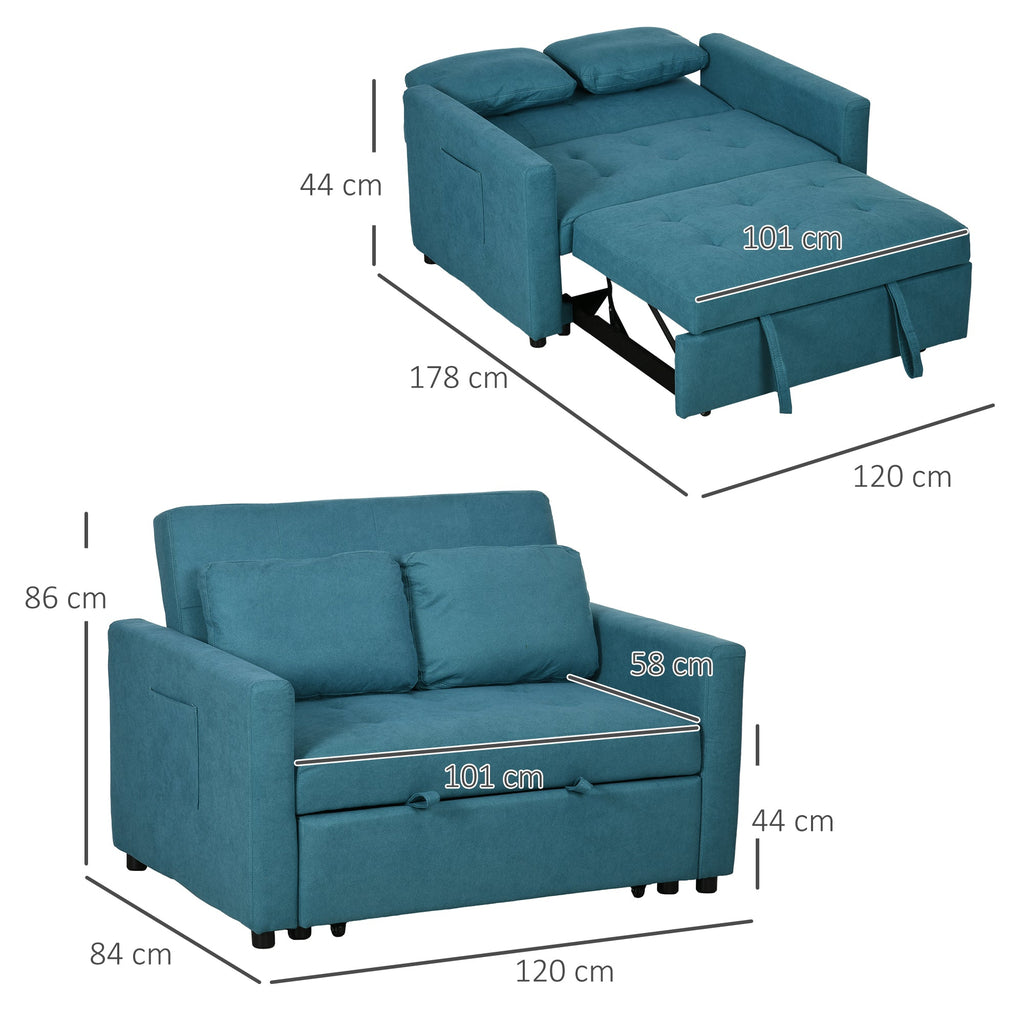 Loveseat Sofa Bed, Convertible Bed Settee with 2 Cushions, Side Pockets for Living Room, Blue-2
