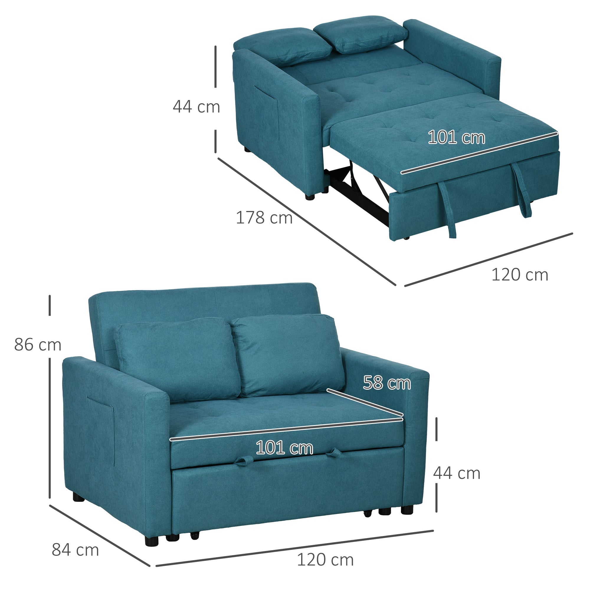 Loveseat Sofa Bed, Convertible Bed Settee with 2 Cushions, Side Pockets for Living Room, Blue-2