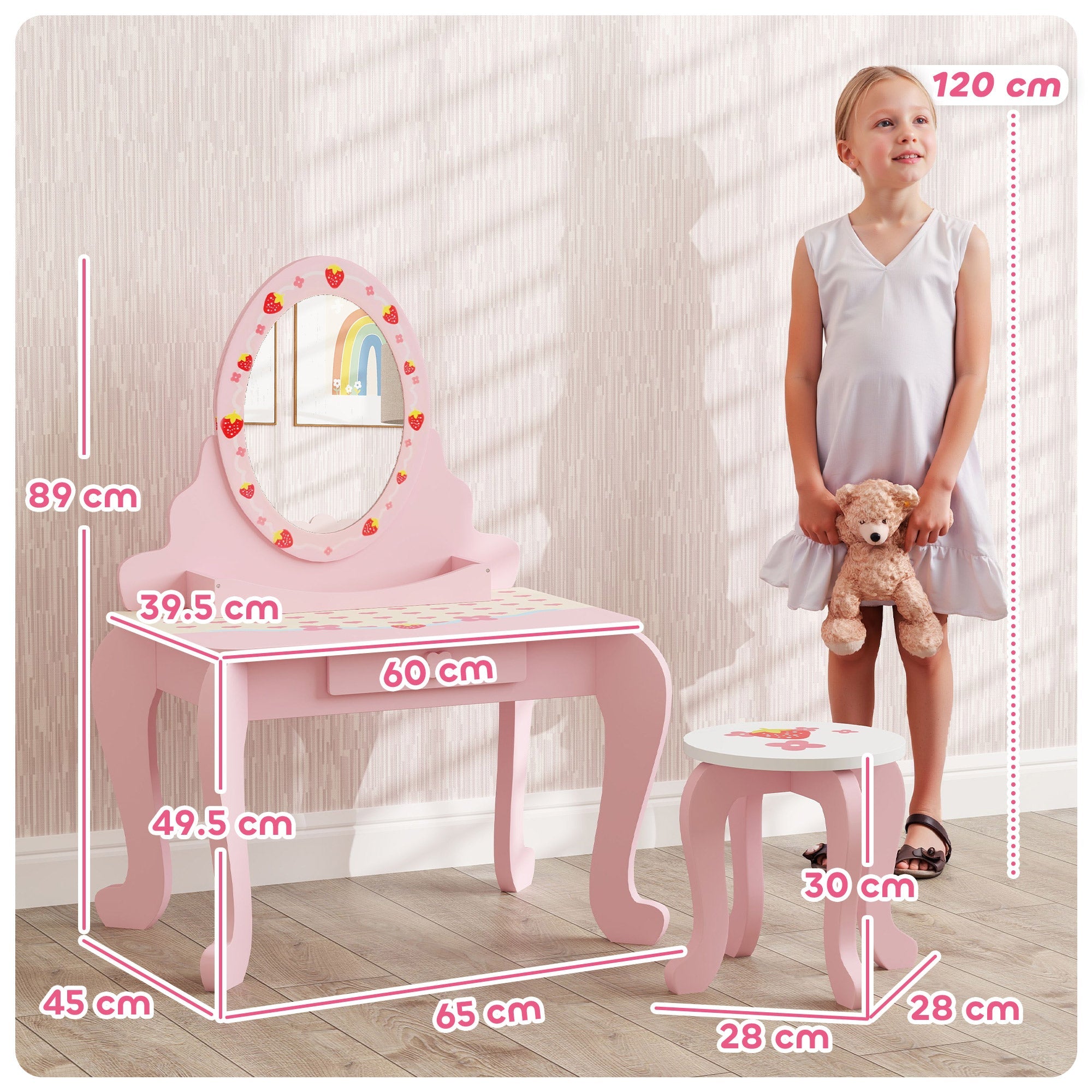 3 Piece Kids Dressing Table Set with Stool and Mirror Pink Strawberry Theme-2