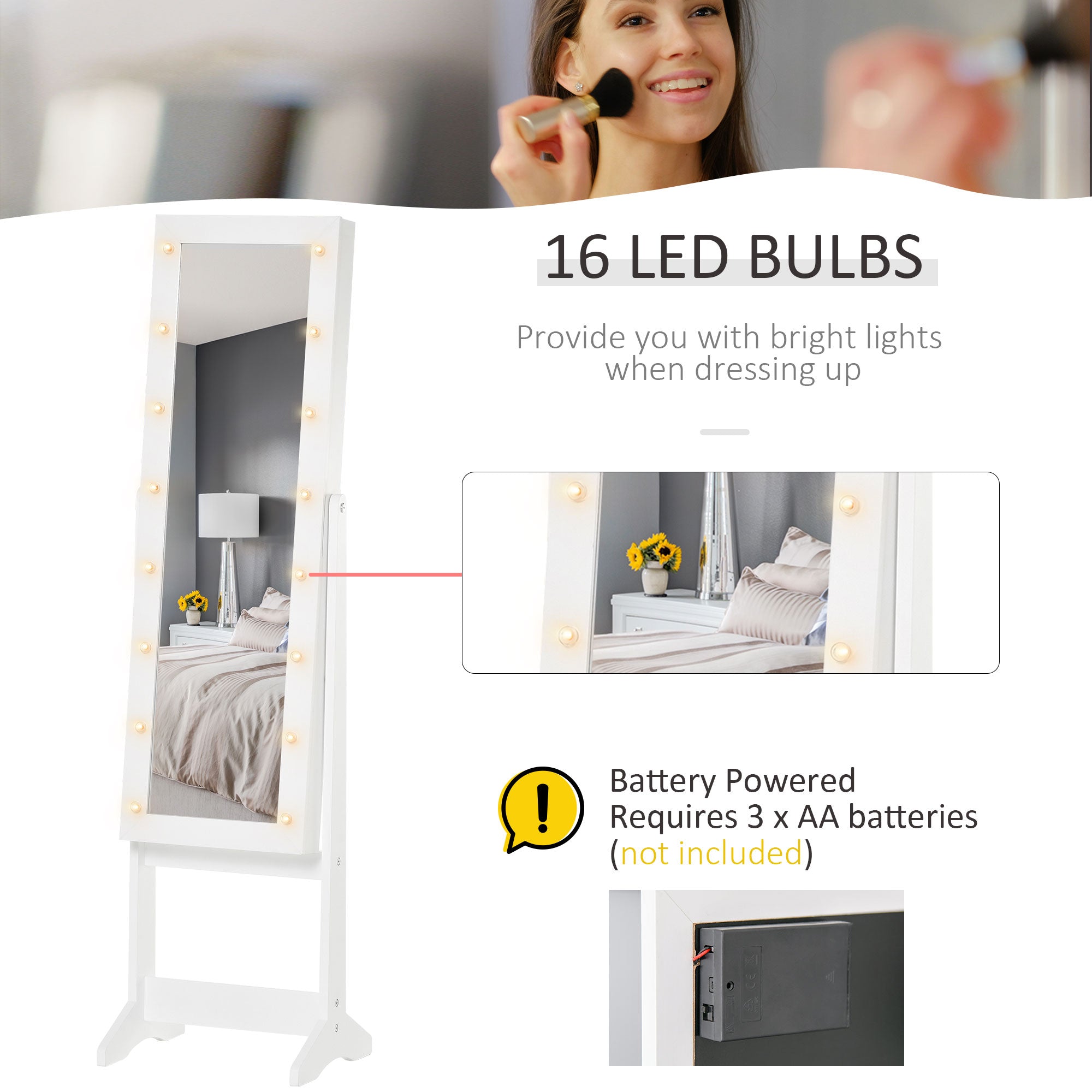 Full Body Mirrored Jewelry Cabinet W/ LED Light Jewelry Cabinet W/ 3 Angle Adjustable For Rings Earrings Bracelets Cosmetics Warm White-3