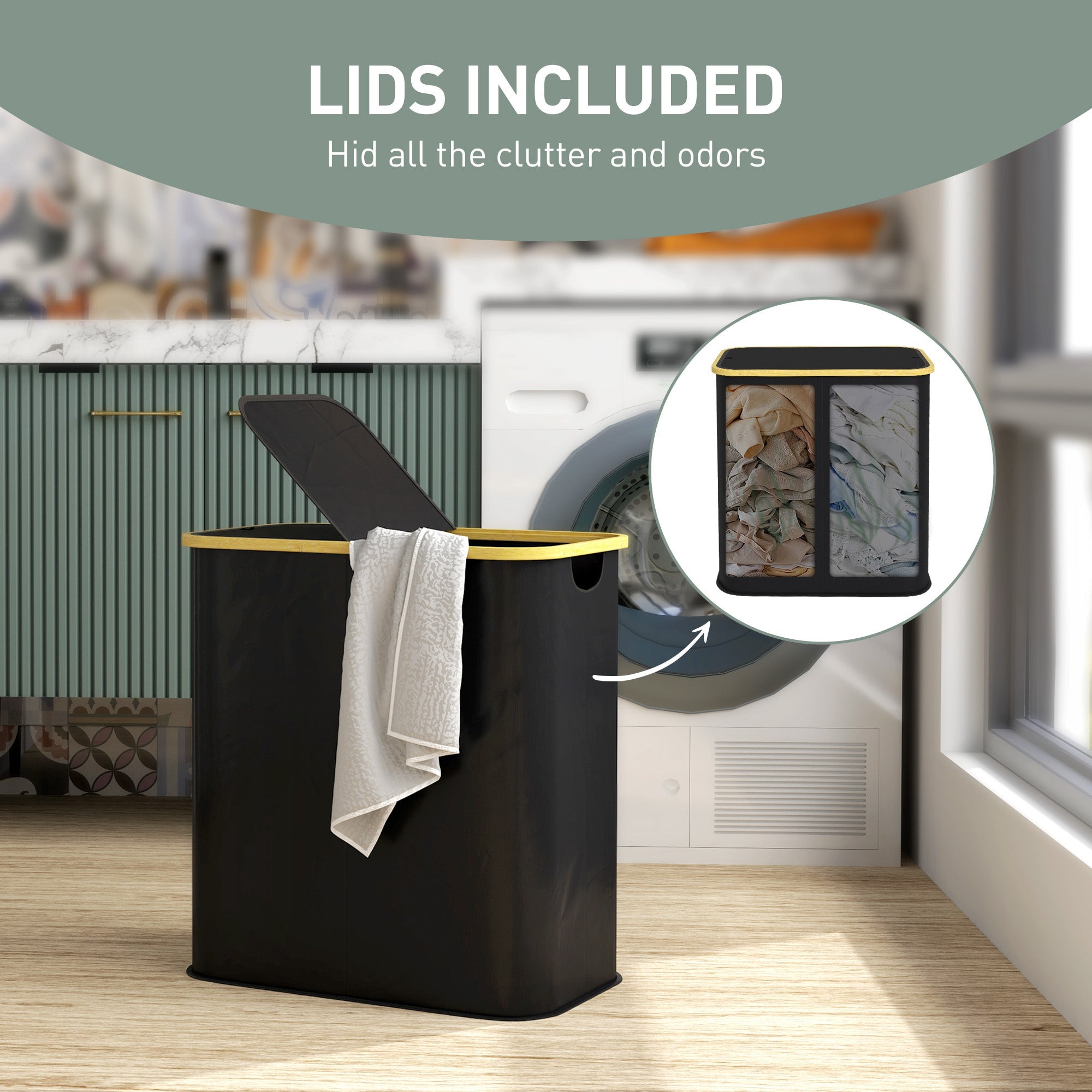 Double Laundry Basket With Lid, 80L Collapsible Laundry Hamper with Groove Handles, Washing Basket for Bathroom, Bedroom, Laundry Room, Black-4