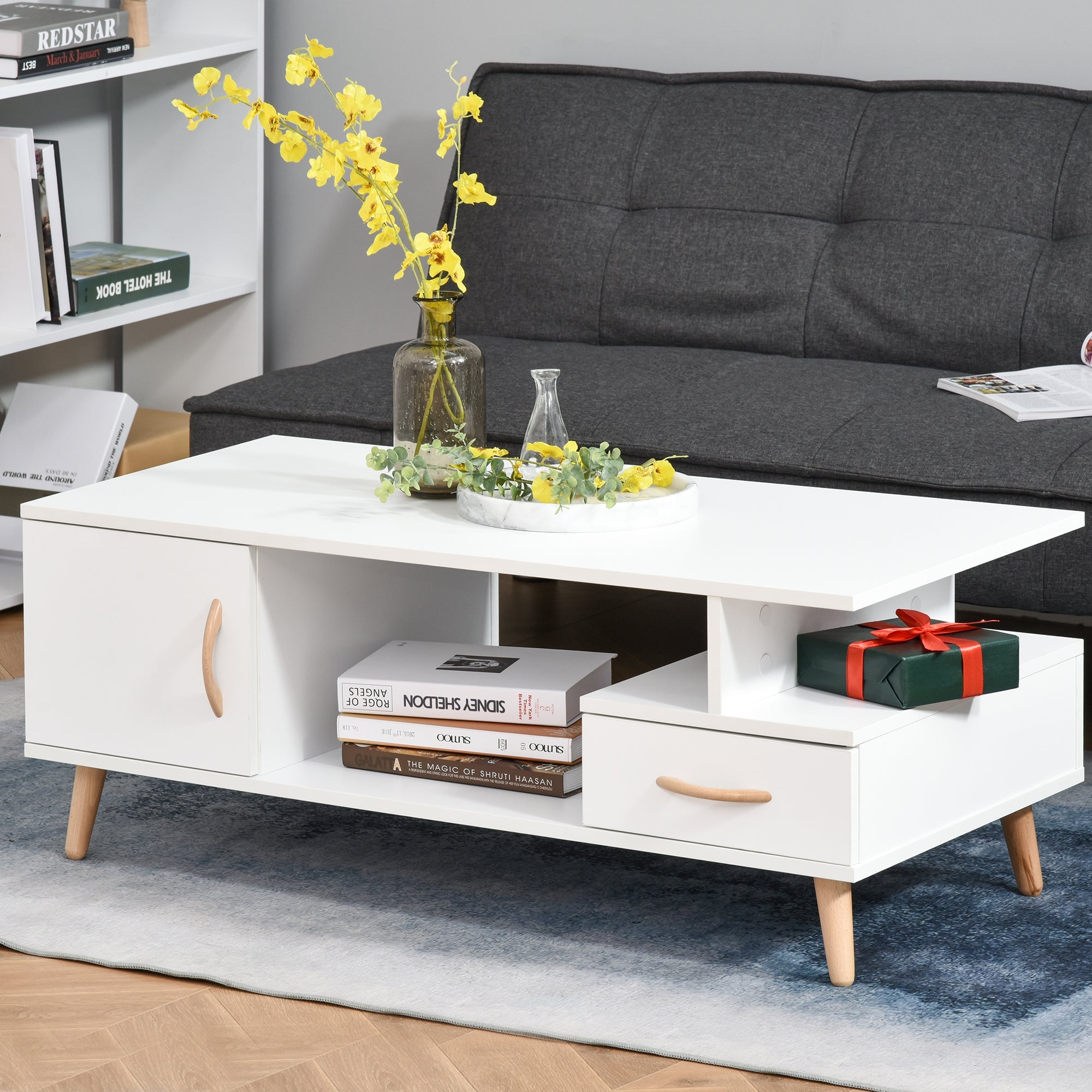 Modern Minimalism Coffee Table with Storage, Sofa Side Table with Shelf & Drawer for Living Room Reception Room, White-1