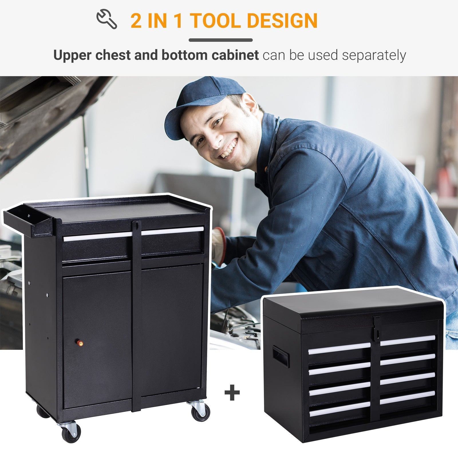 Tool Chest 2 in 1 Metal Tool Cabinet Storage Box with 5 Drawers Pegboard Wheels 60x28x104.5cm Black-3