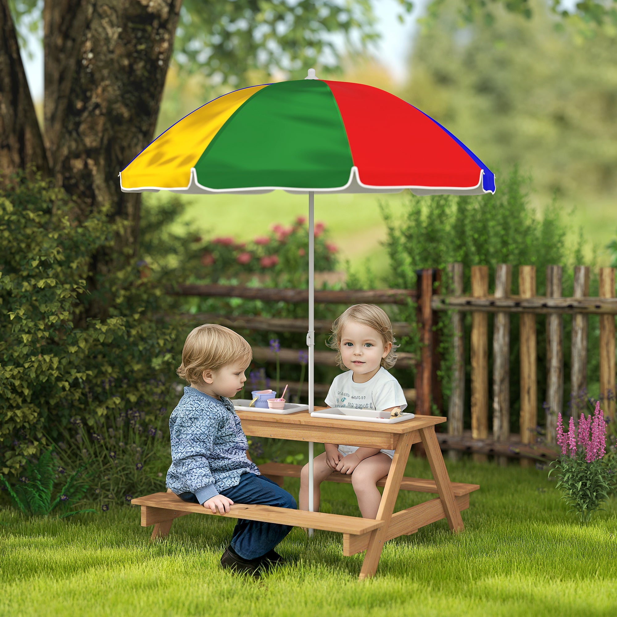 Kids Picnic Table Set with Sand and Water Bins Adjustable Parasol Multicolour-1