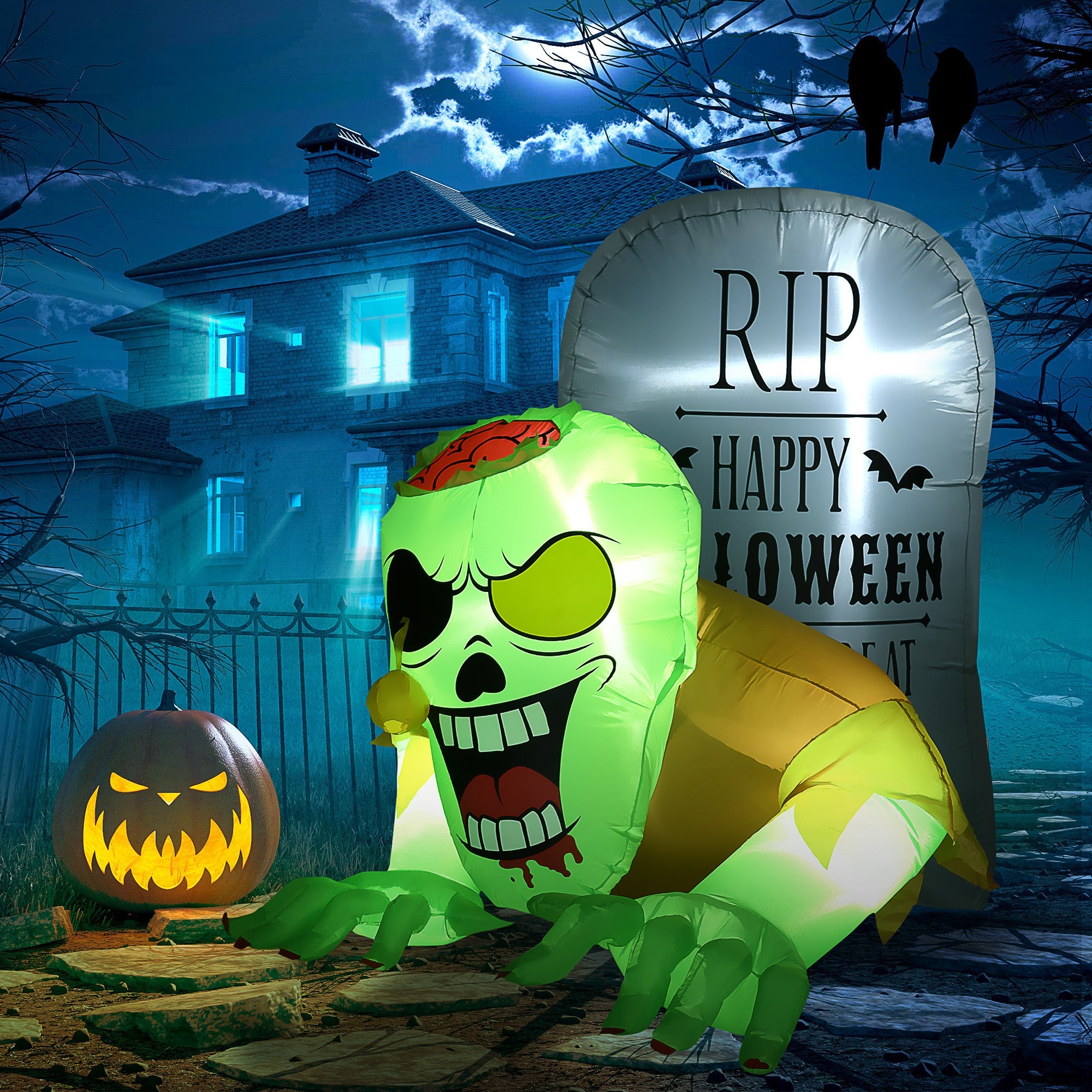 5FT Halloween Inflatables Ghost and Tombstone, Blow Up Outdoor Halloween Decorations with Build-in LED Lights for Garden, Lawn, Party-1
