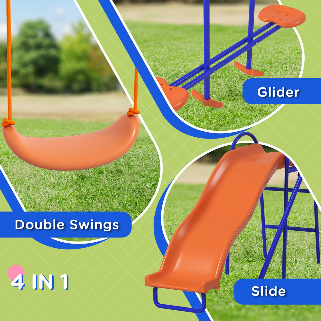 4 in 1 Metal Garden Swing Set with Double Swings and Slide - Orange-4