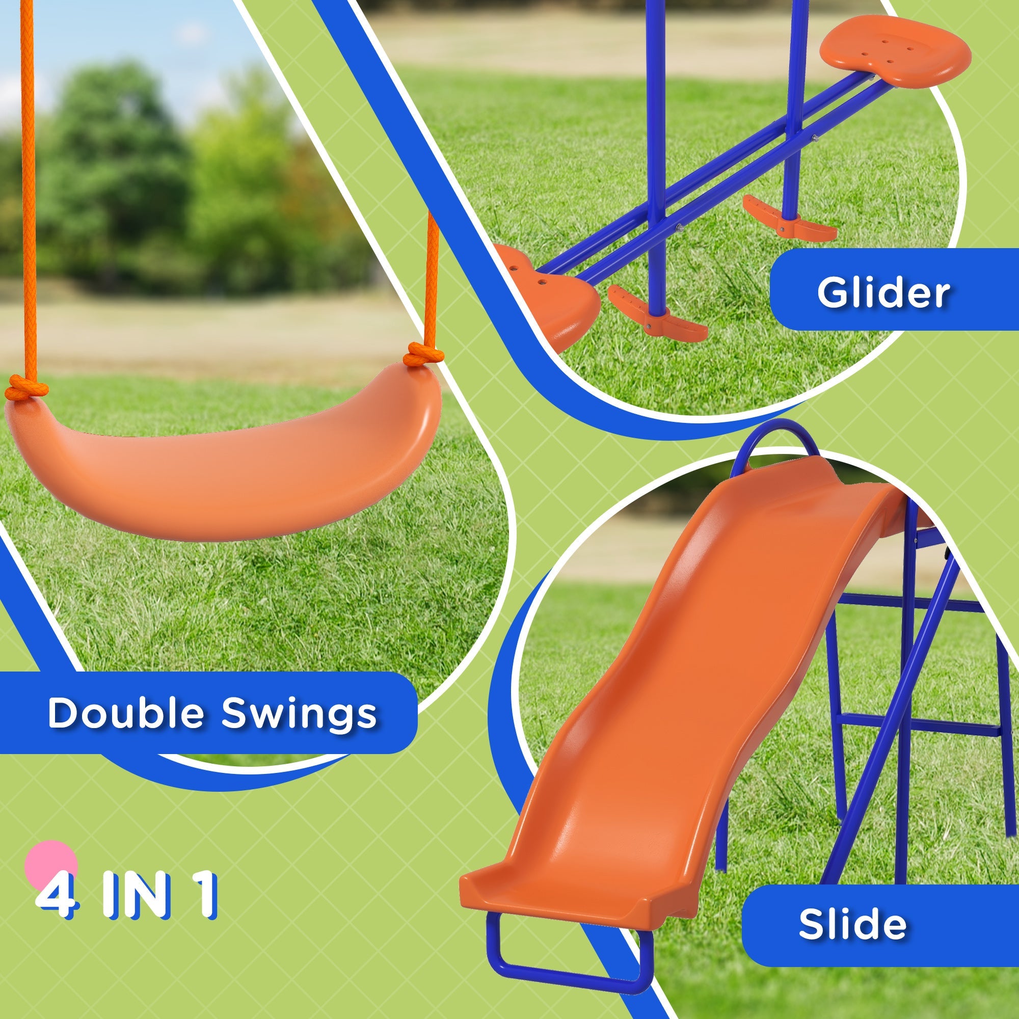 4 in 1 Metal Garden Swing Set with Double Swings and Slide - Orange-4