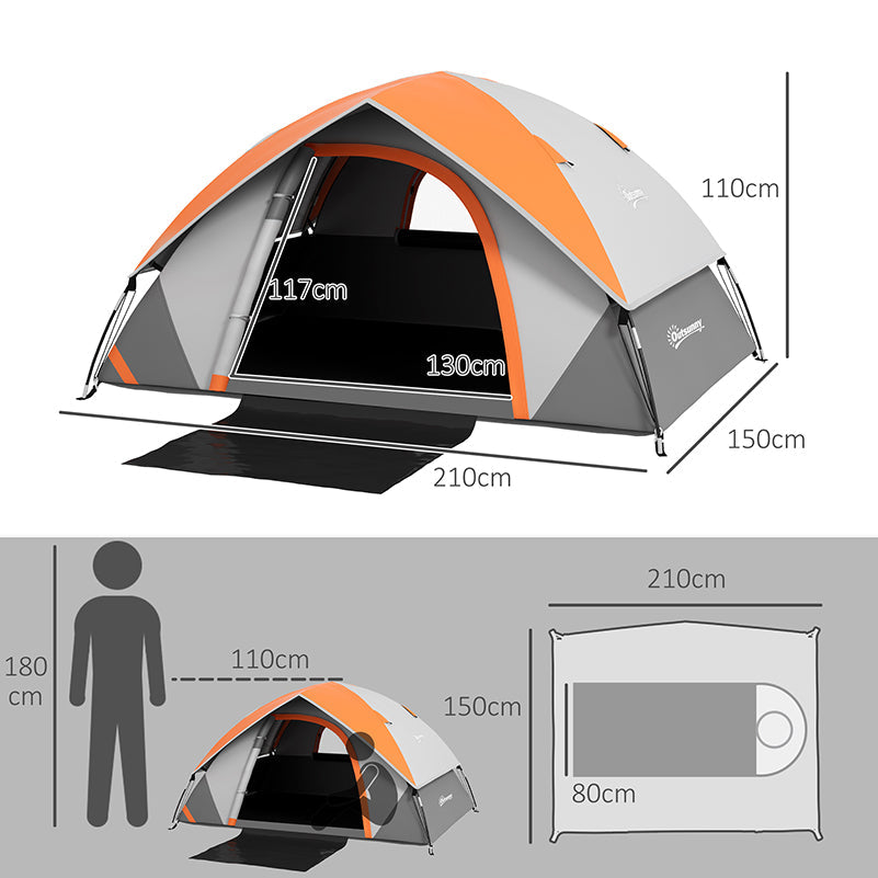 Lightweight Two Man Dome Tent with Rain Protection - Orange/Grey-2