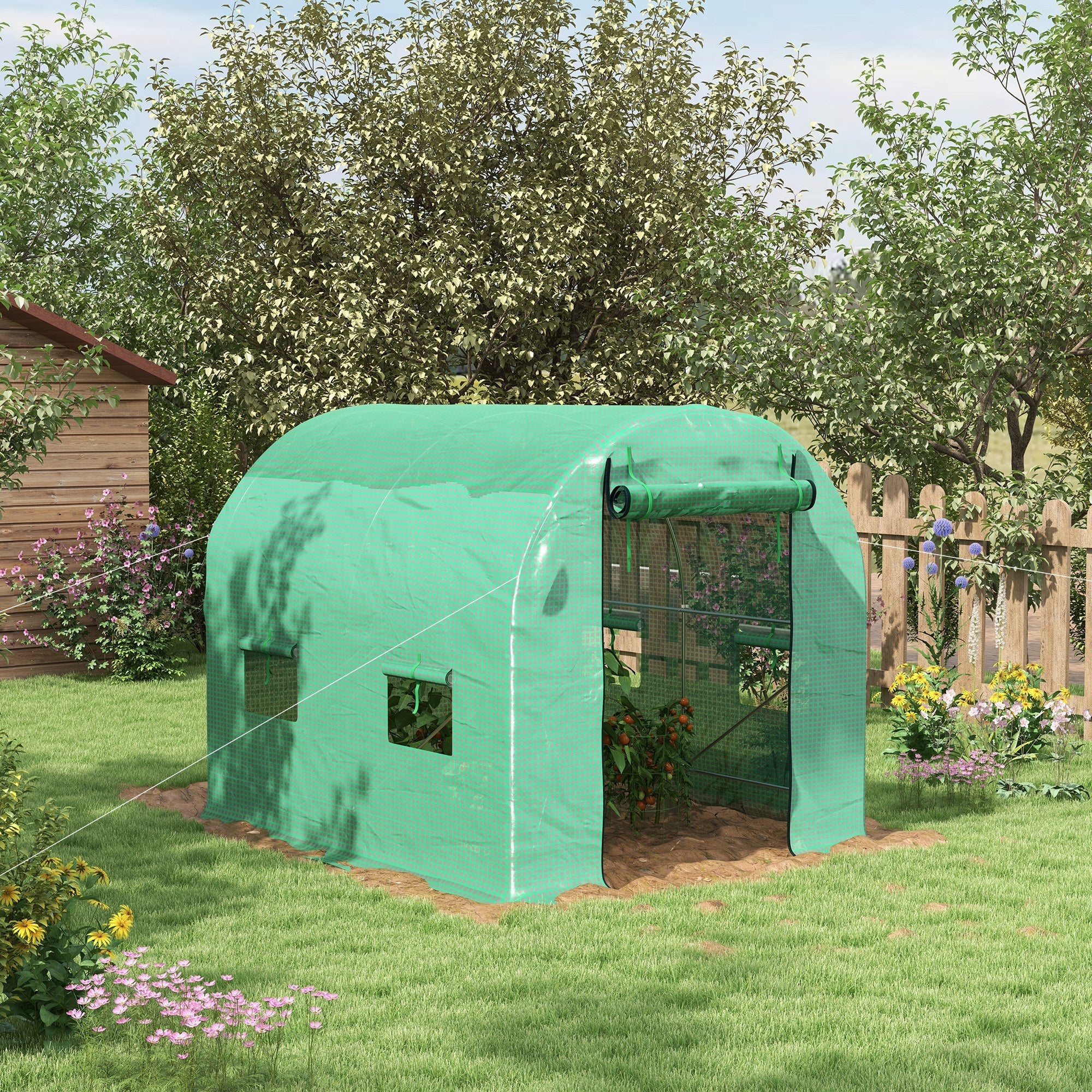 2.5 x 2m Walk-In Polytunnel Greenhouse with Steel Frame and Roll-Up Door - Green-1