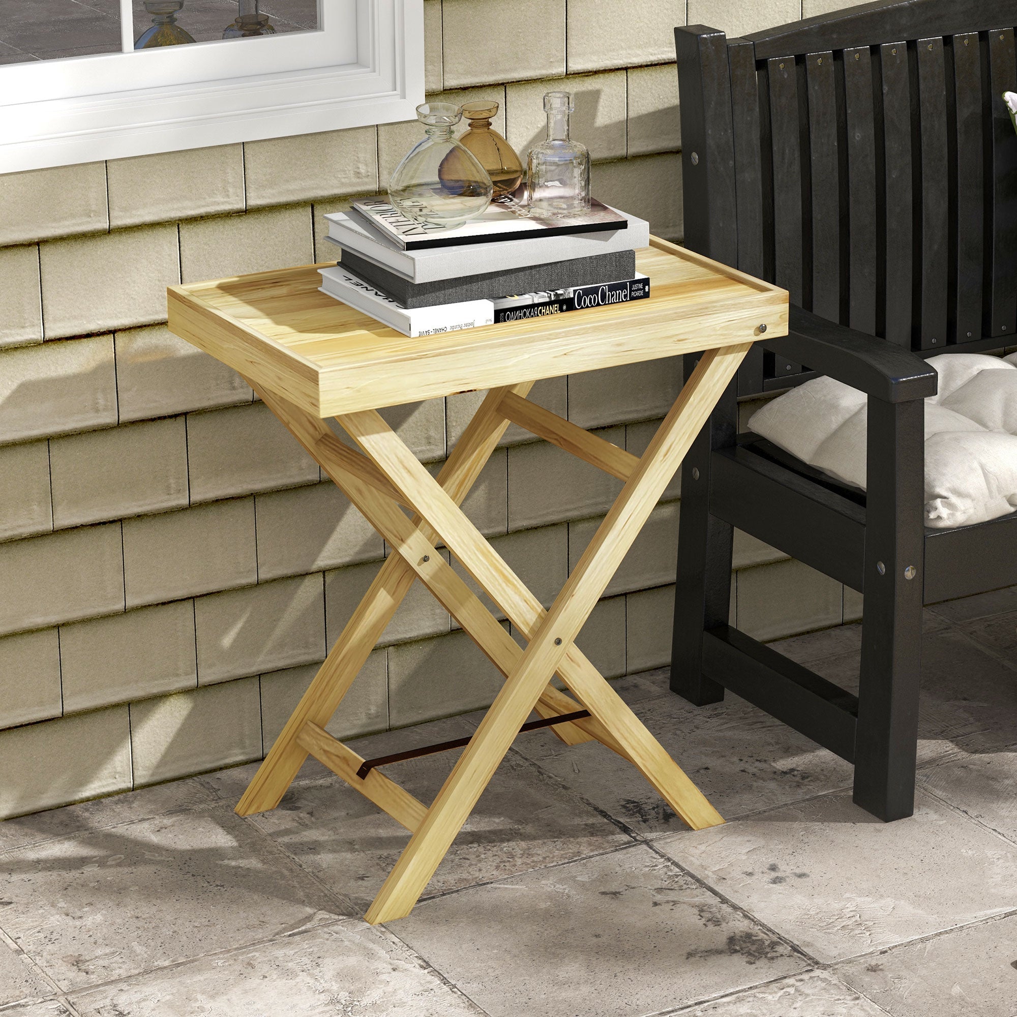 Wooden Outdoor Side Table with Raised Edges - Natural Finish-1