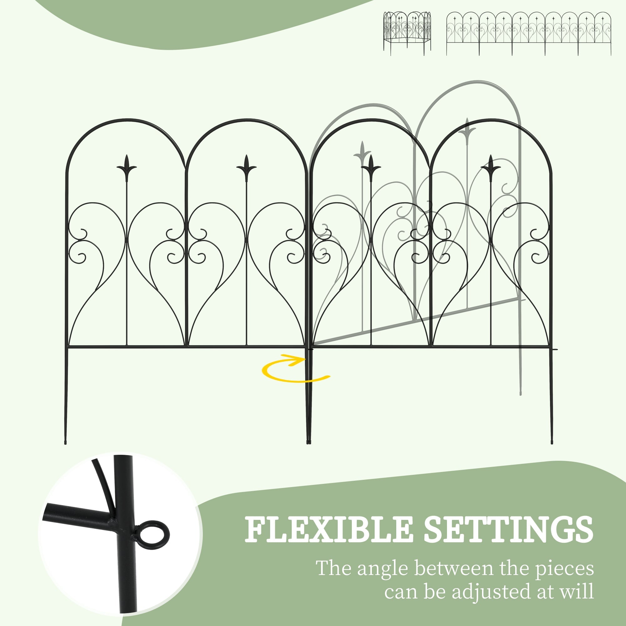 Set of 5 Metal Outdoor Picket Fence Panels with Heart Scrollwork - Black-4