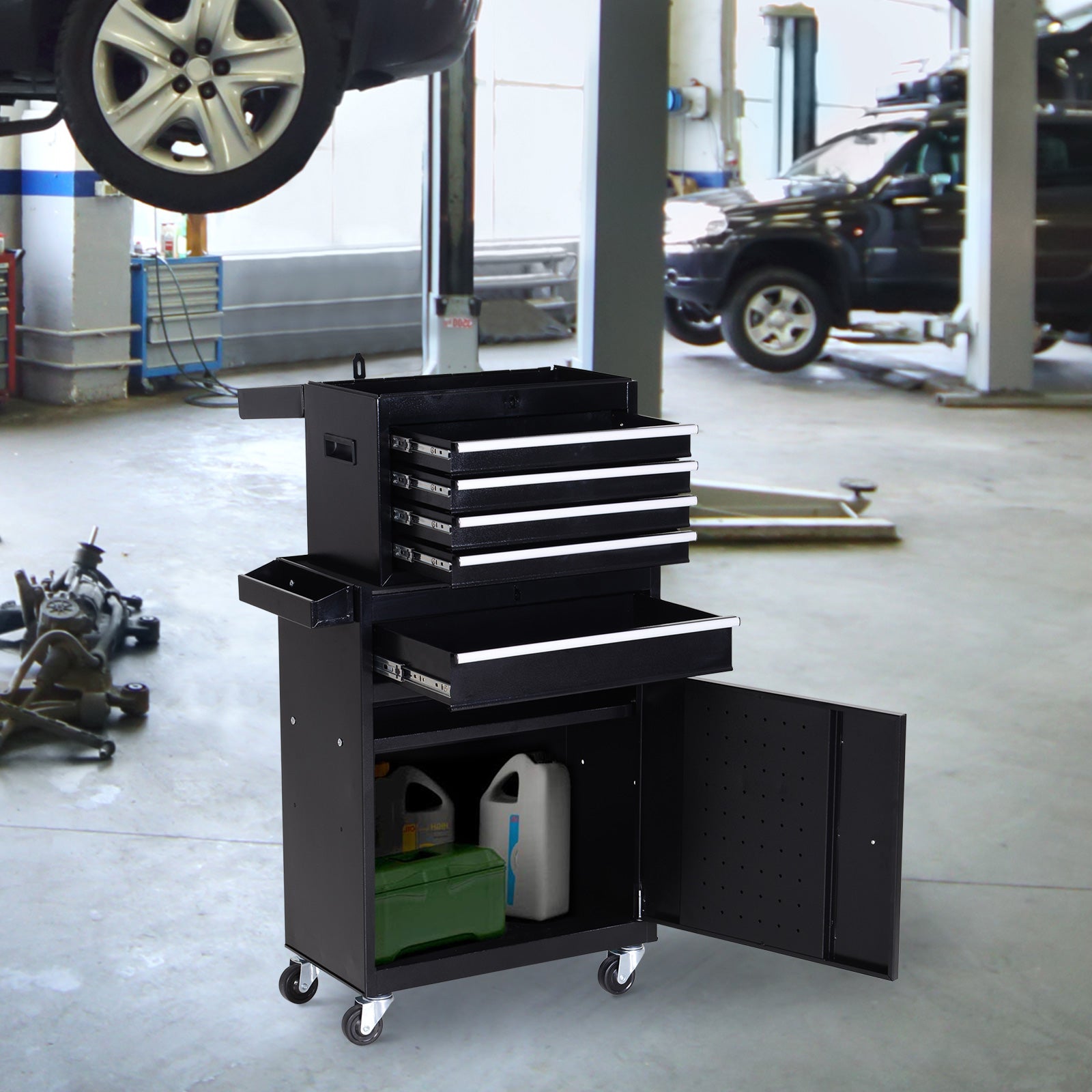 Tool Chest 2 in 1 Metal Tool Cabinet Storage Box with 5 Drawers Pegboard Wheels 60x28x104.5cm Black-1