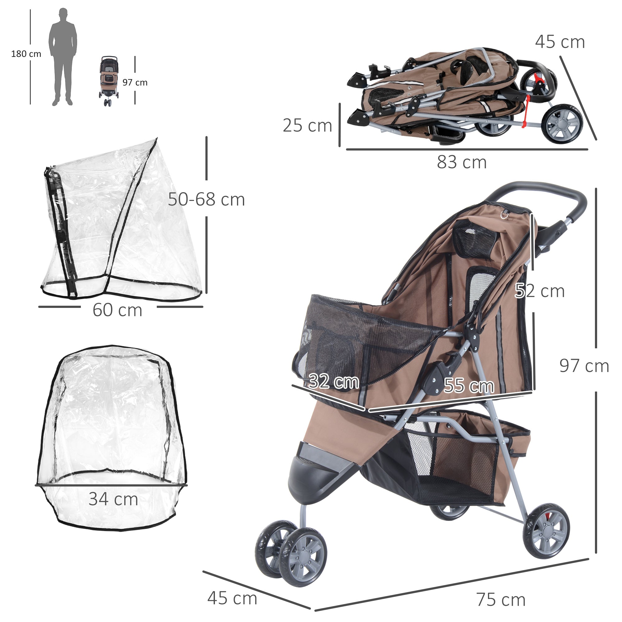 Dog Stroller with Cover for Small Miniature Dogs, Folding Cat Pram Dog Pushchair with Cup Holder, Storage Basket, Reflective Strips, Brown-2