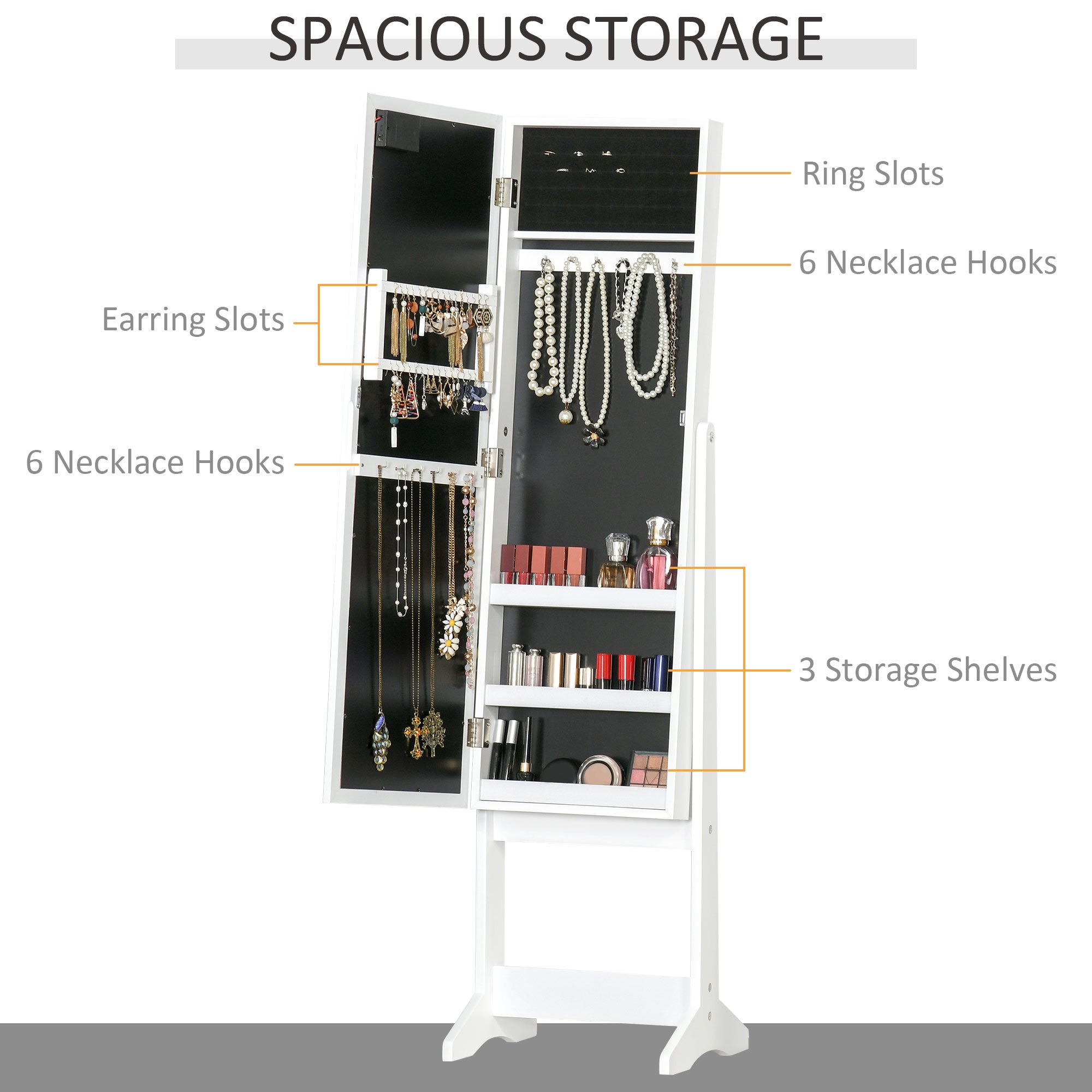 Full Body Mirrored Jewelry Cabinet W/ LED Light Jewelry Cabinet W/ 3 Angle Adjustable For Rings Earrings Bracelets Cosmetics Warm White-4