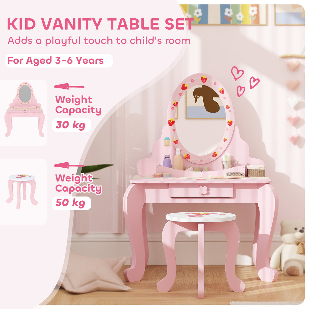 3 Piece Kids Dressing Table Set with Stool and Mirror Pink Strawberry Theme-3