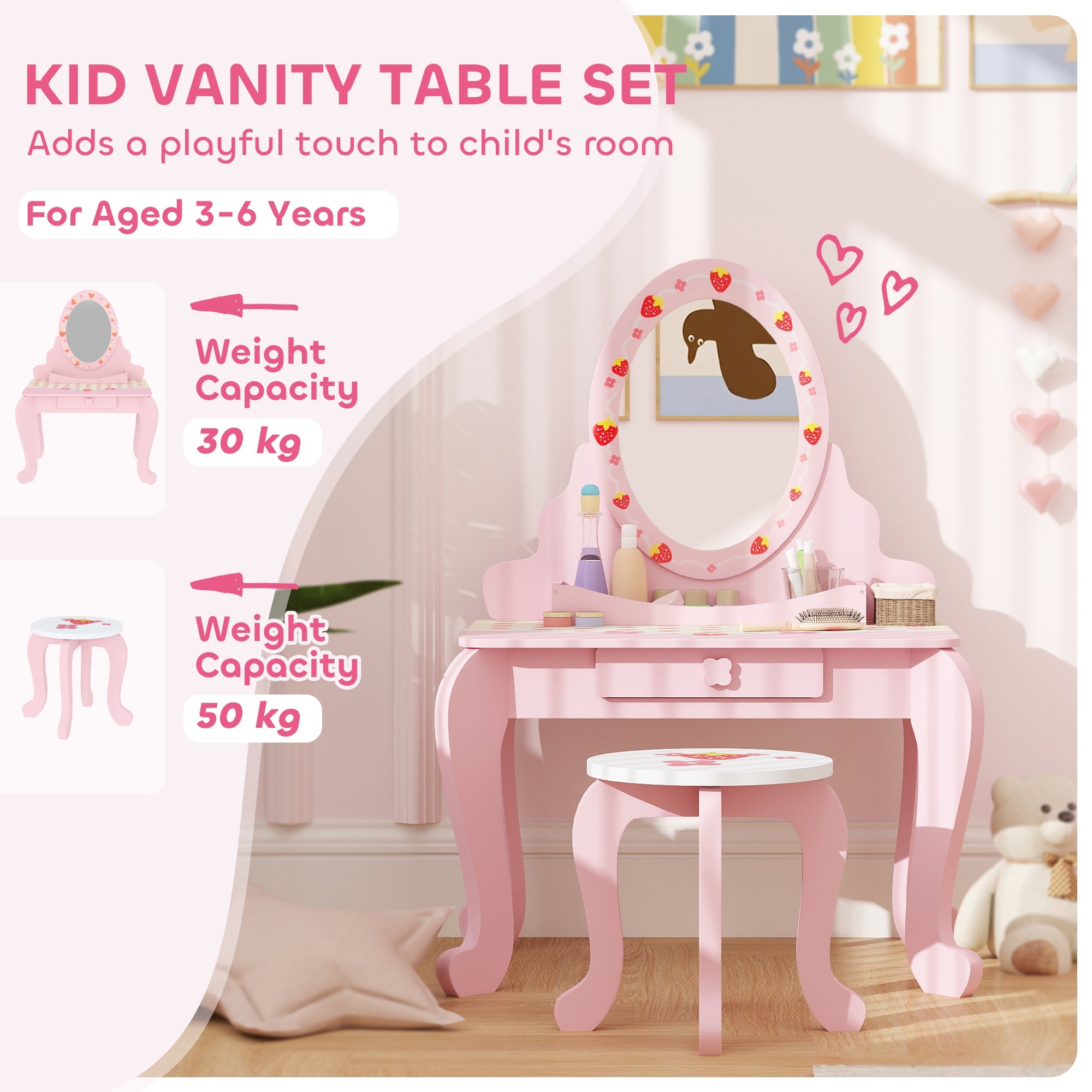 3 Piece Kids Dressing Table Set with Stool and Mirror Pink Strawberry Theme-3