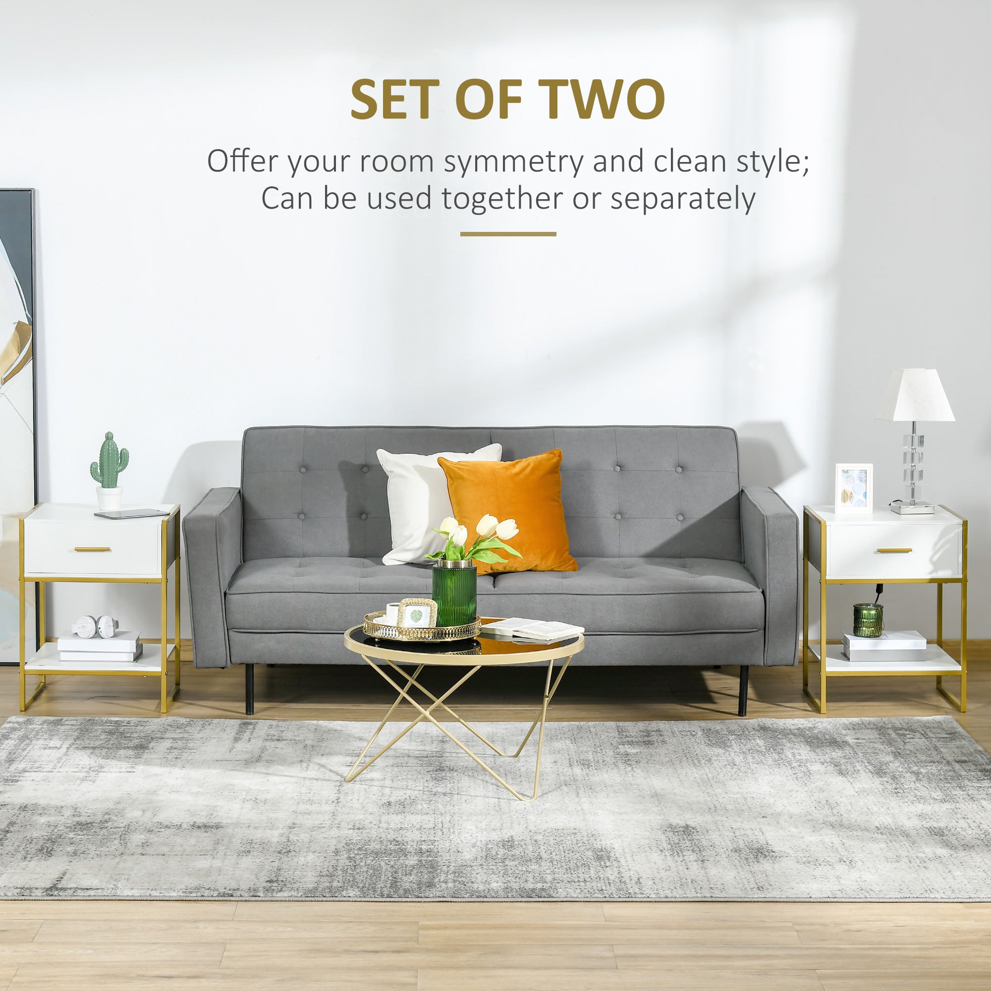 Set of Two Elegant Bedside Tables - White/Gold-Tone-3