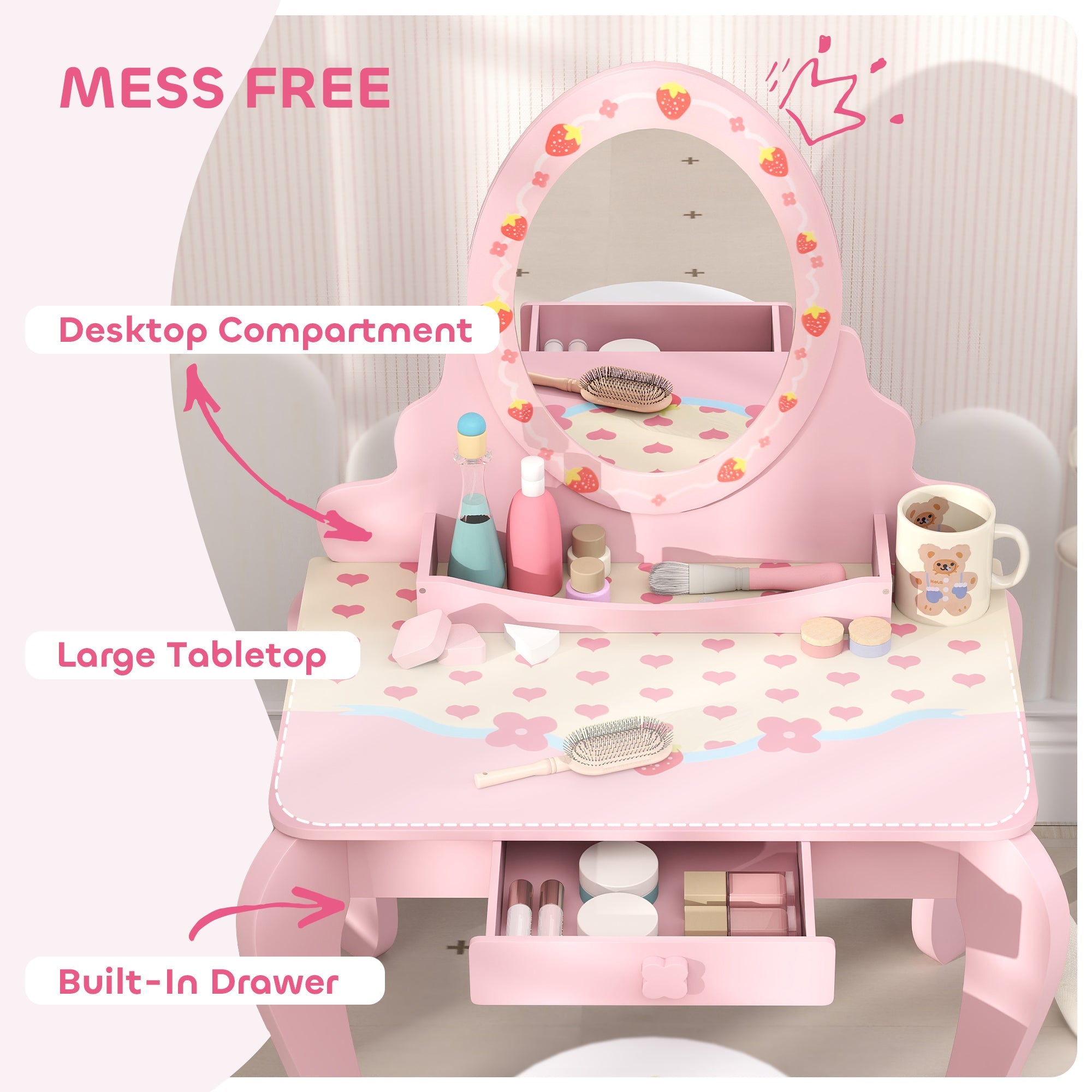 3 Piece Kids Dressing Table Set with Stool and Mirror Pink Strawberry Theme-4