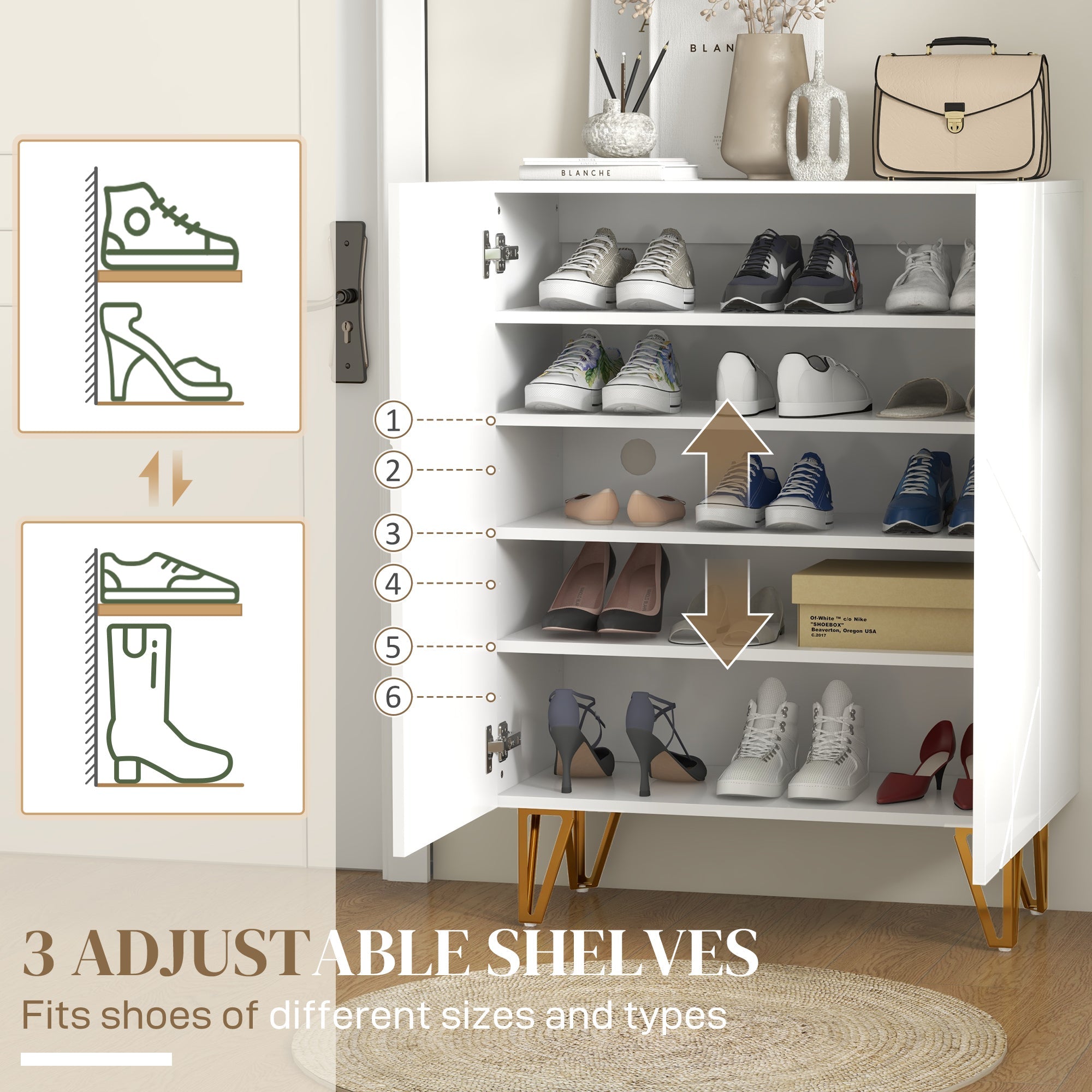 Narrow Shoe Storage Cabinet with Soft-Close Hinges and Adjustable Shelves for 15-20 Pairs of Shoes, White-3