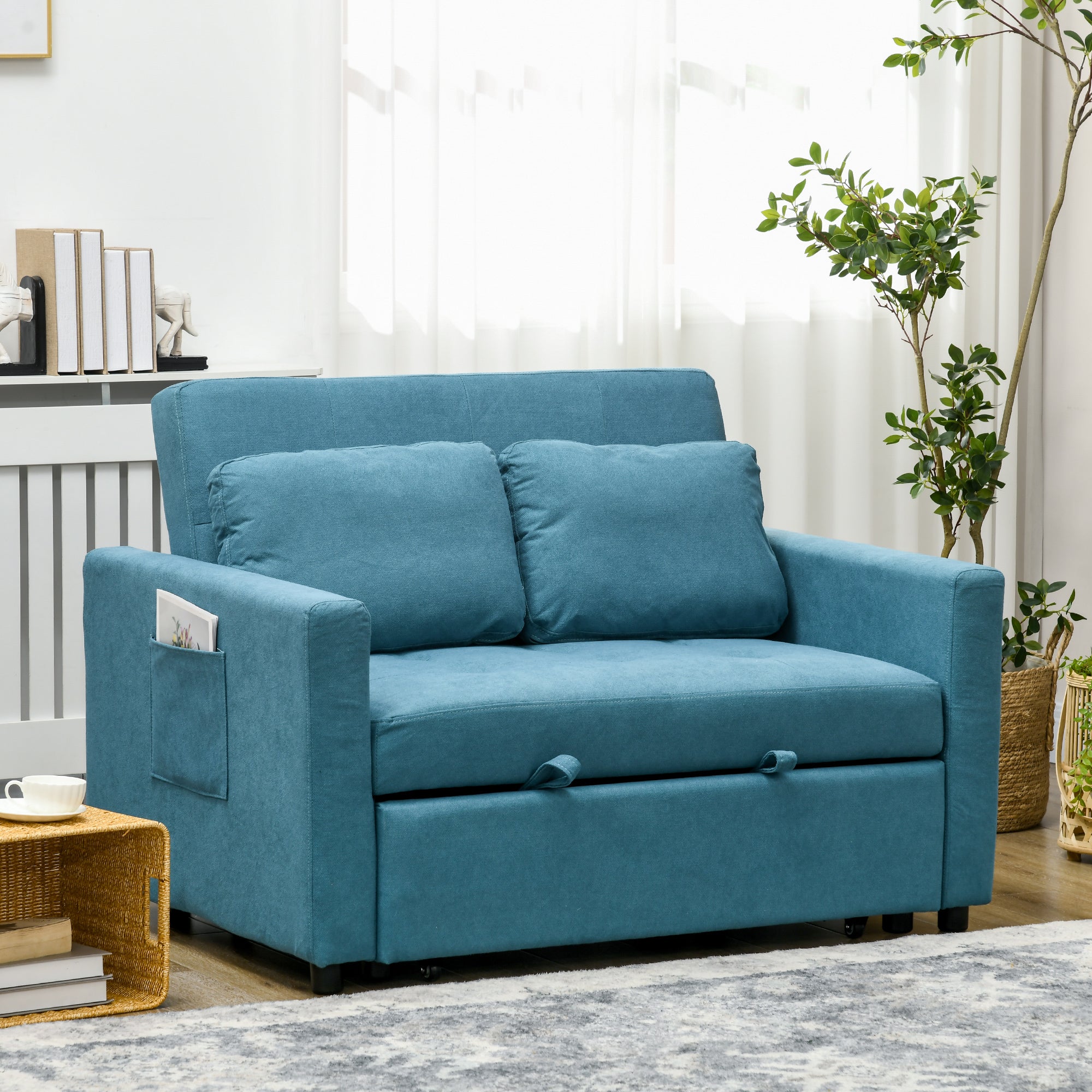 Loveseat Sofa Bed, Convertible Bed Settee with 2 Cushions, Side Pockets for Living Room, Blue-1