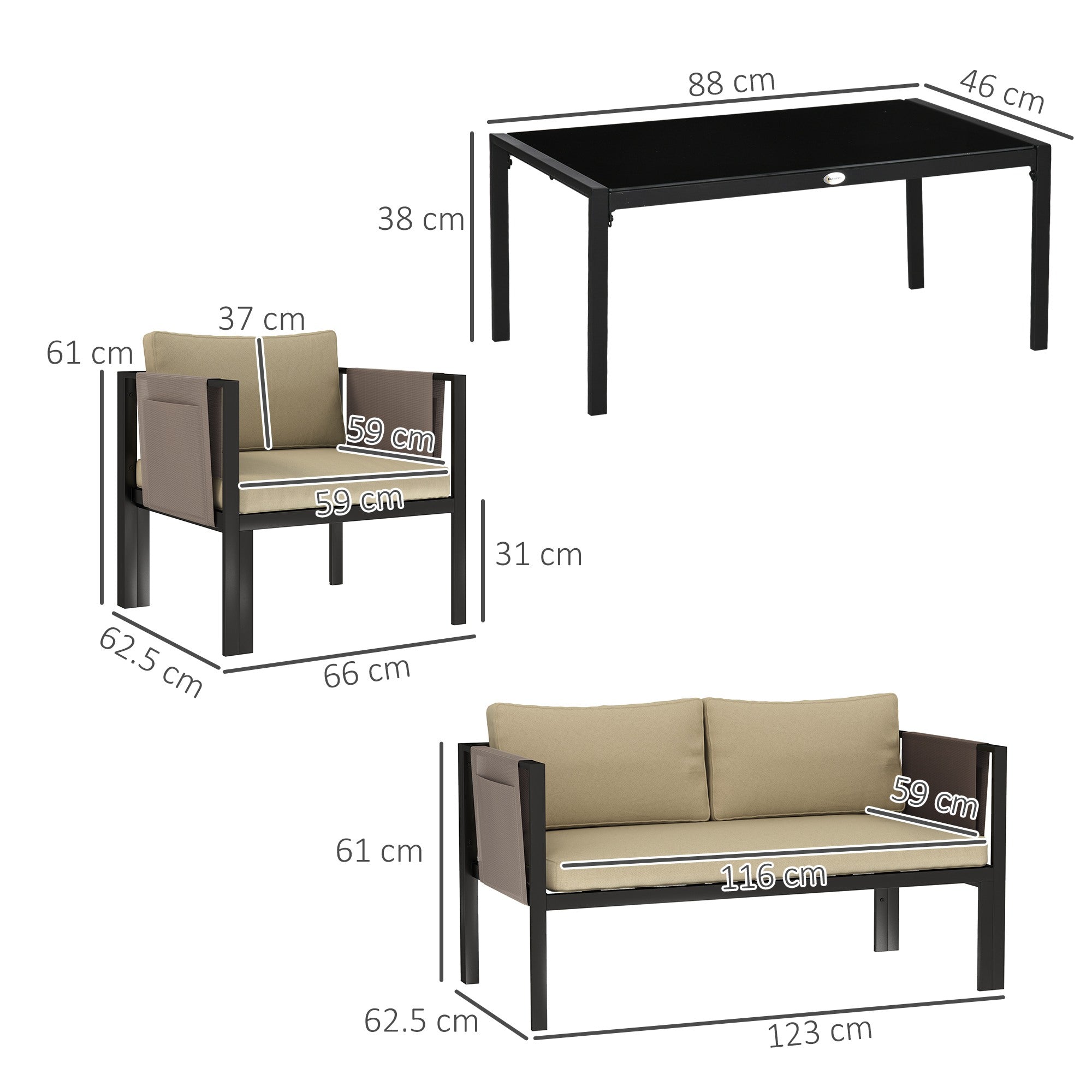 4 Piece Metal Garden Furniture Set with Padded Cushions - Khaki-2