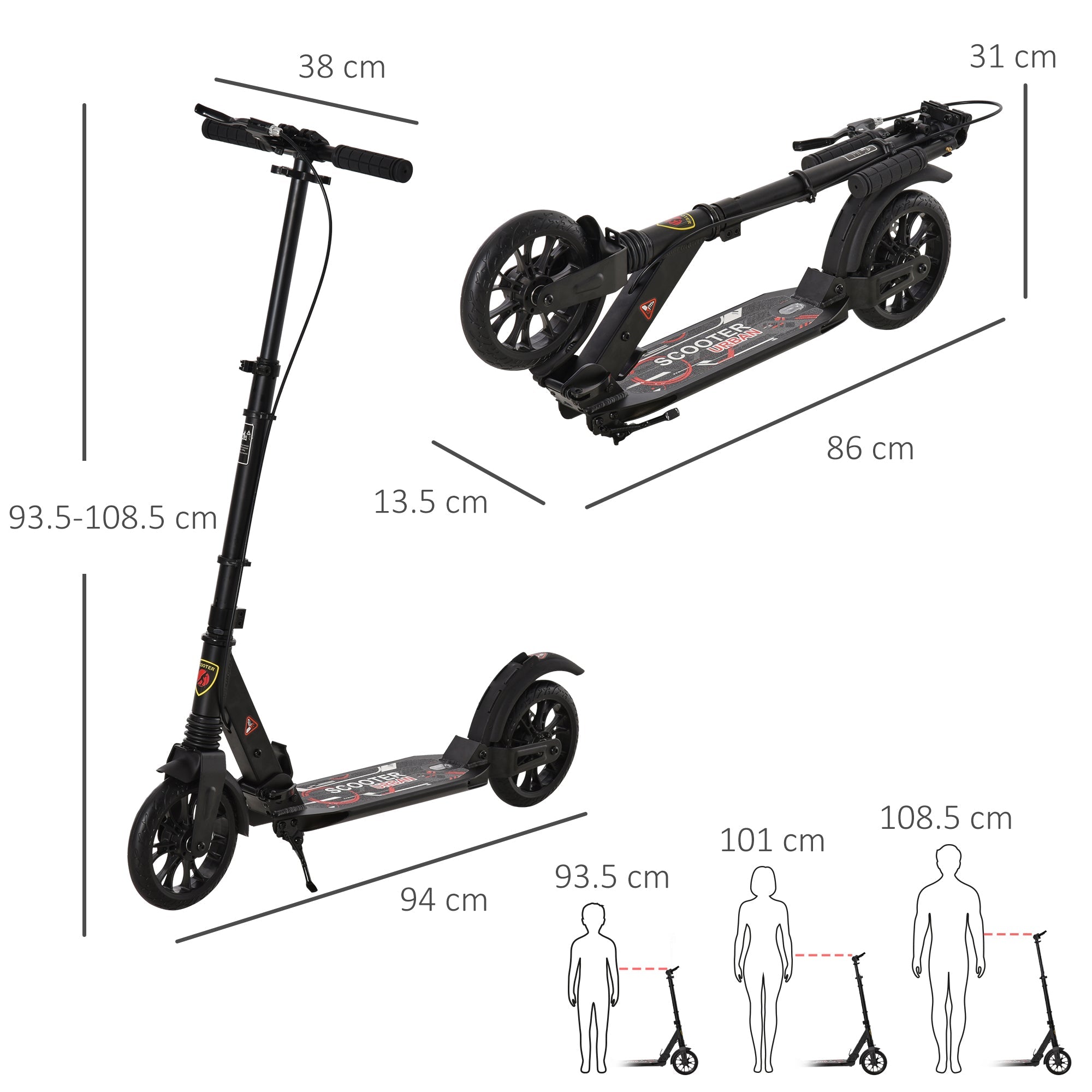 Adult Teens Kick Scooter Foldable Height Adjustable Aluminum Ride On Toy for 14+ with Rear Wheel & Hand Brake, Shock Mitigation System - Black-2