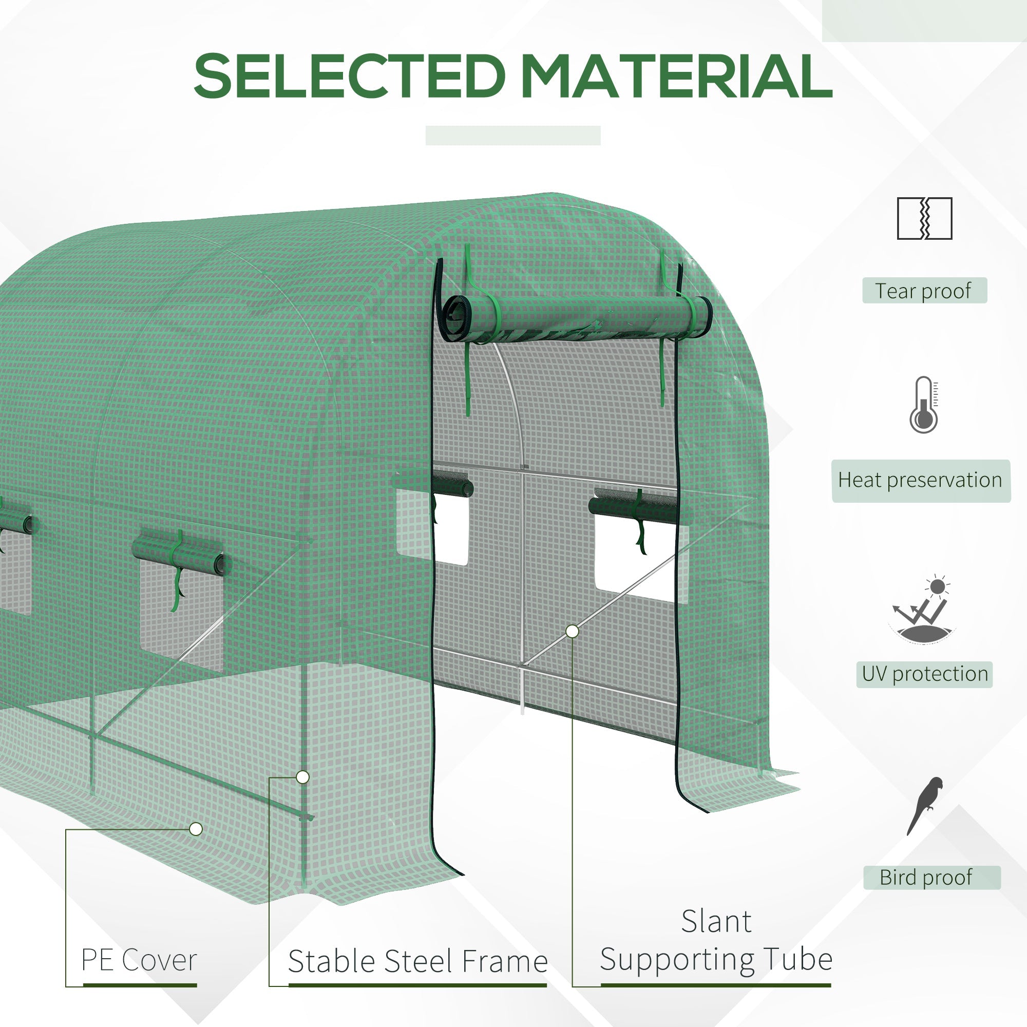 2.5 x 2m Walk-In Polytunnel Greenhouse with Steel Frame and Roll-Up Door - Green-3