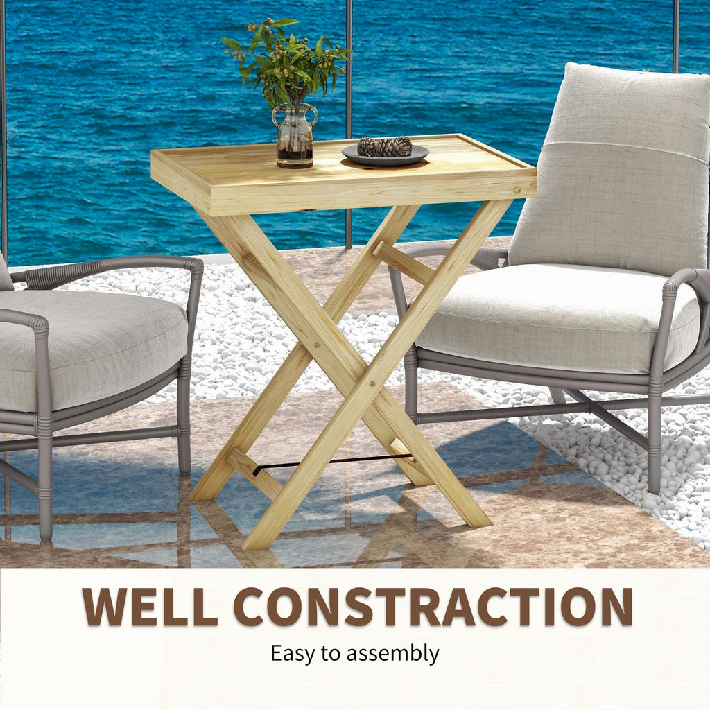 Wooden Outdoor Side Table with Raised Edges - Natural Finish-4