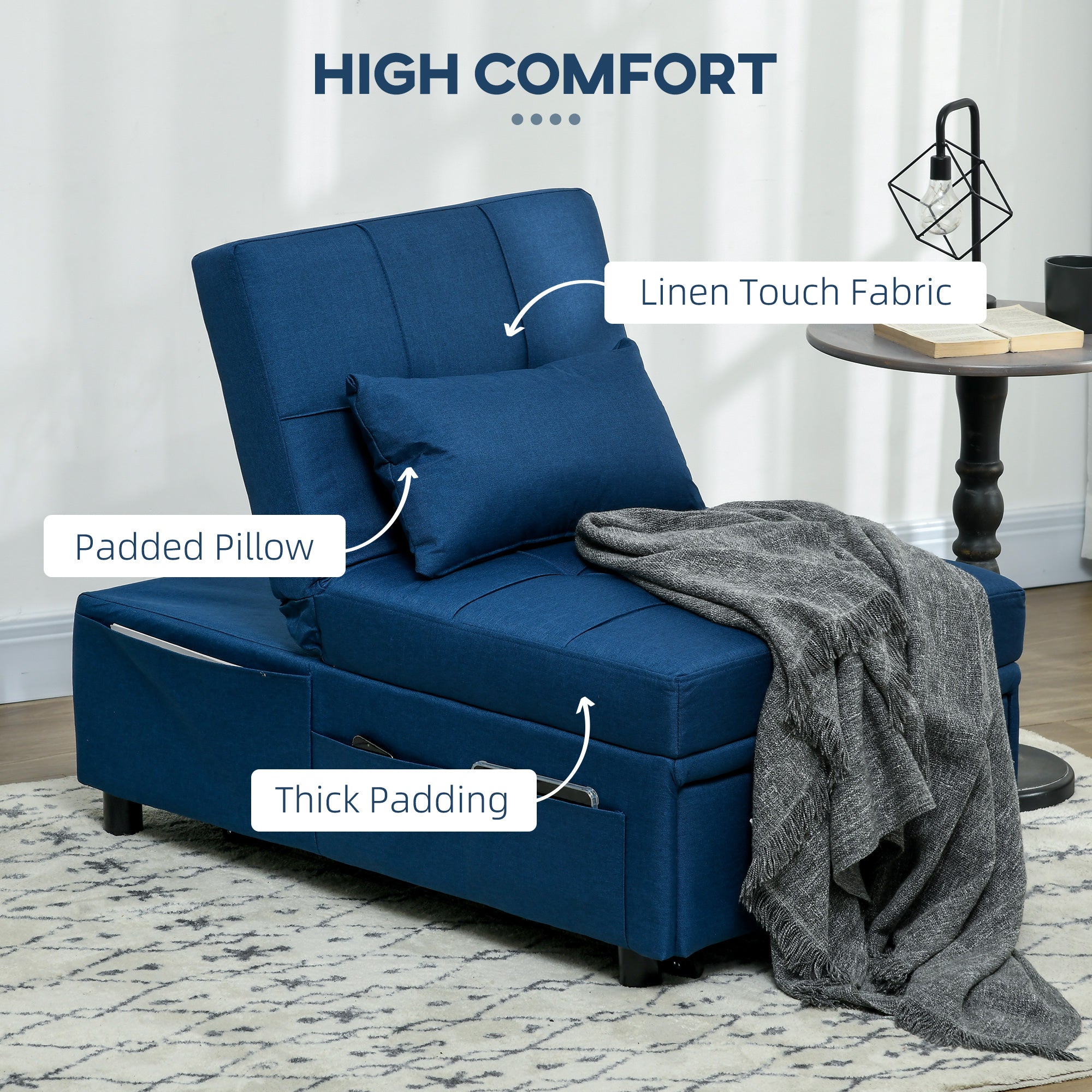 Convertible Chair Bed w/ Padding Seat, 3-in-1 Multi-Functional Sleeper Chair Bed, Recliner w/ Adjustable Backrest, Wheels and Pillow, Blue-3