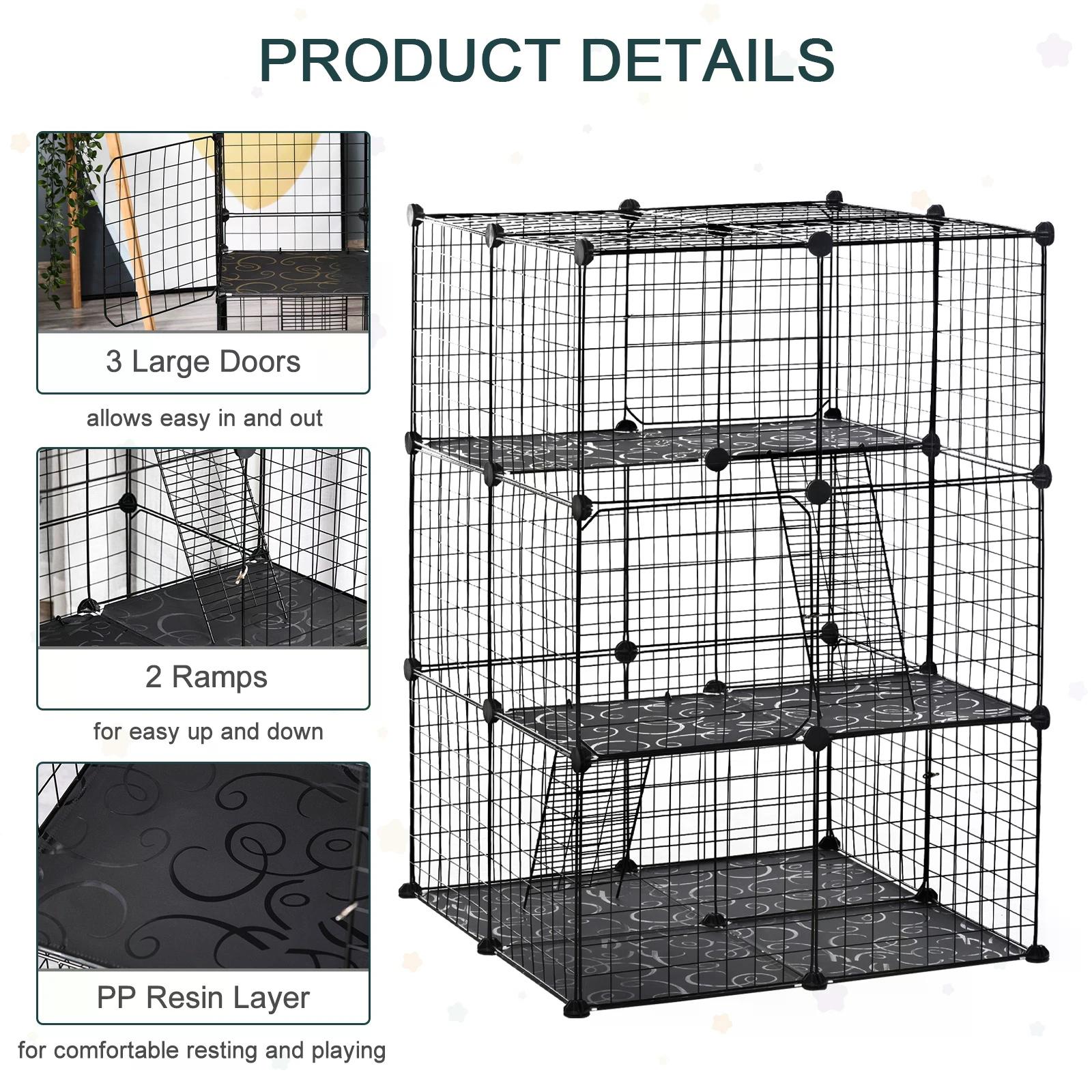 Pet Playpen DIY Small Animal Cage Enclosure Metal Wire Fence 39 Panels with 3 Doors 2 Ramps for Kitten Bunny Chinchilla Pet Mink Black by PawHut-3