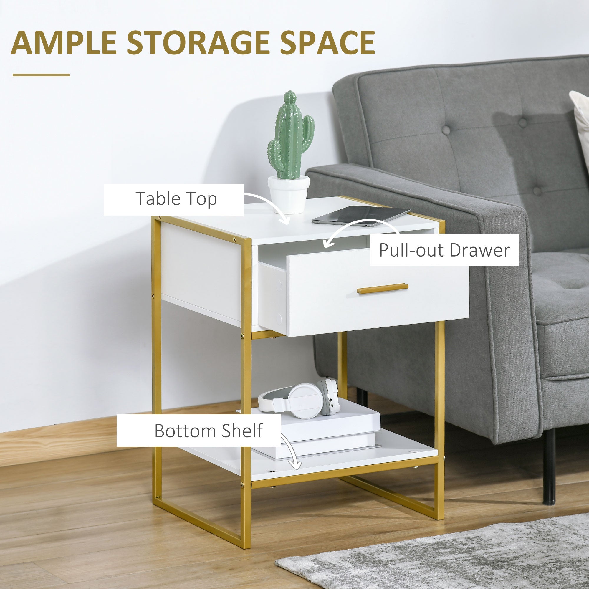 Set of Two Elegant Bedside Tables - White/Gold-Tone-4