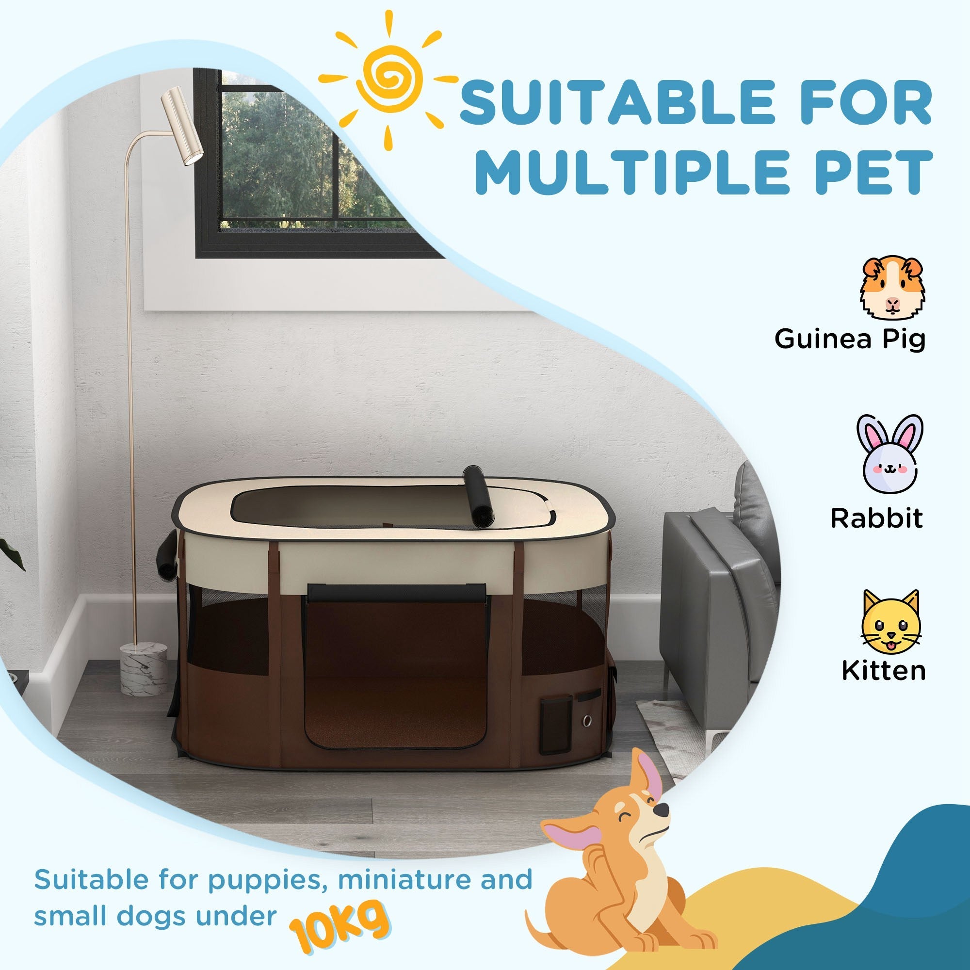 Foldable Dog Pen with Storage Bag for Indoor/Outdoor Use, Portable Pet playpen, with Ground Stakes - Brown-3