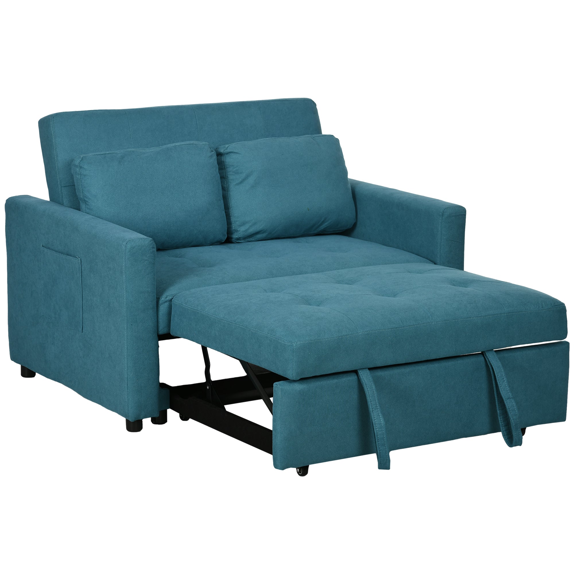 Loveseat Sofa Bed, Convertible Bed Settee with 2 Cushions, Side Pockets for Living Room, Blue-0