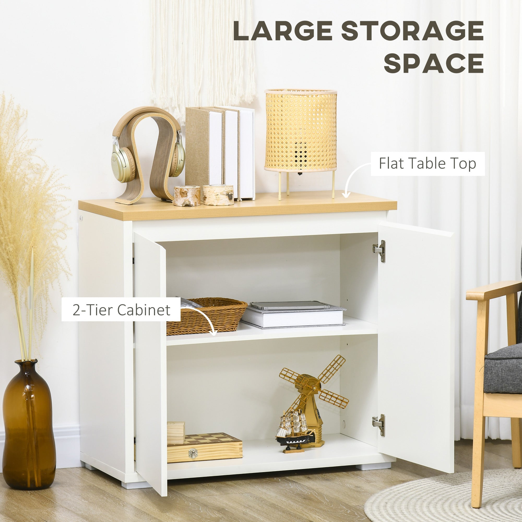 Sideboard Cabinet, Kitchen Storage Cabinet with Double Doors and Adjustable Shelf for Living Room, Entryway, White-3