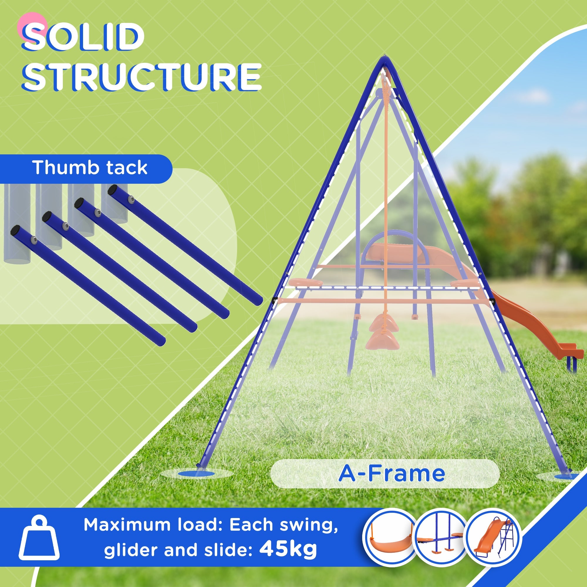 4 in 1 Metal Garden Swing Set with Double Swings and Slide - Orange-3