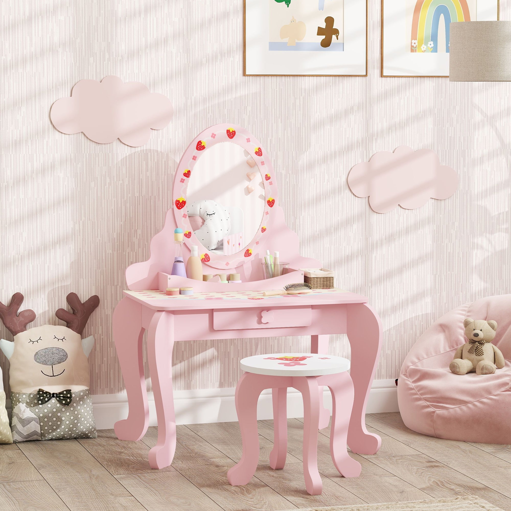 3 Piece Kids Dressing Table Set with Stool and Mirror Pink Strawberry Theme-1