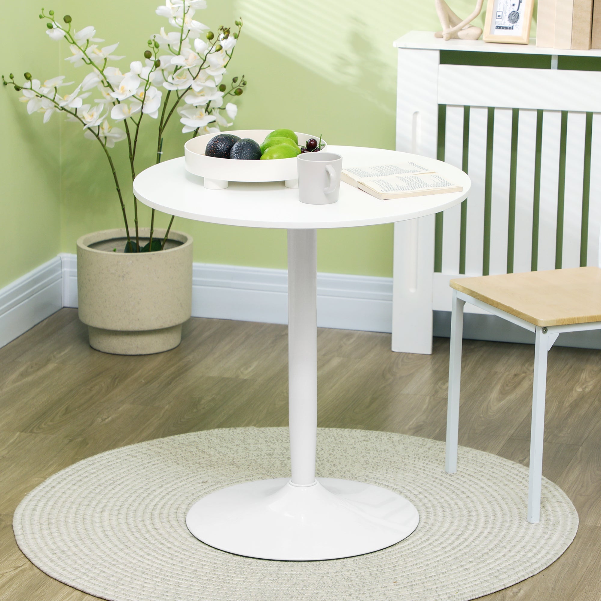Round Dining Table, Modern Dining Room Table with Steel Base, Non-slip Foot Pad, Space Saving Small Dining Table, White-1