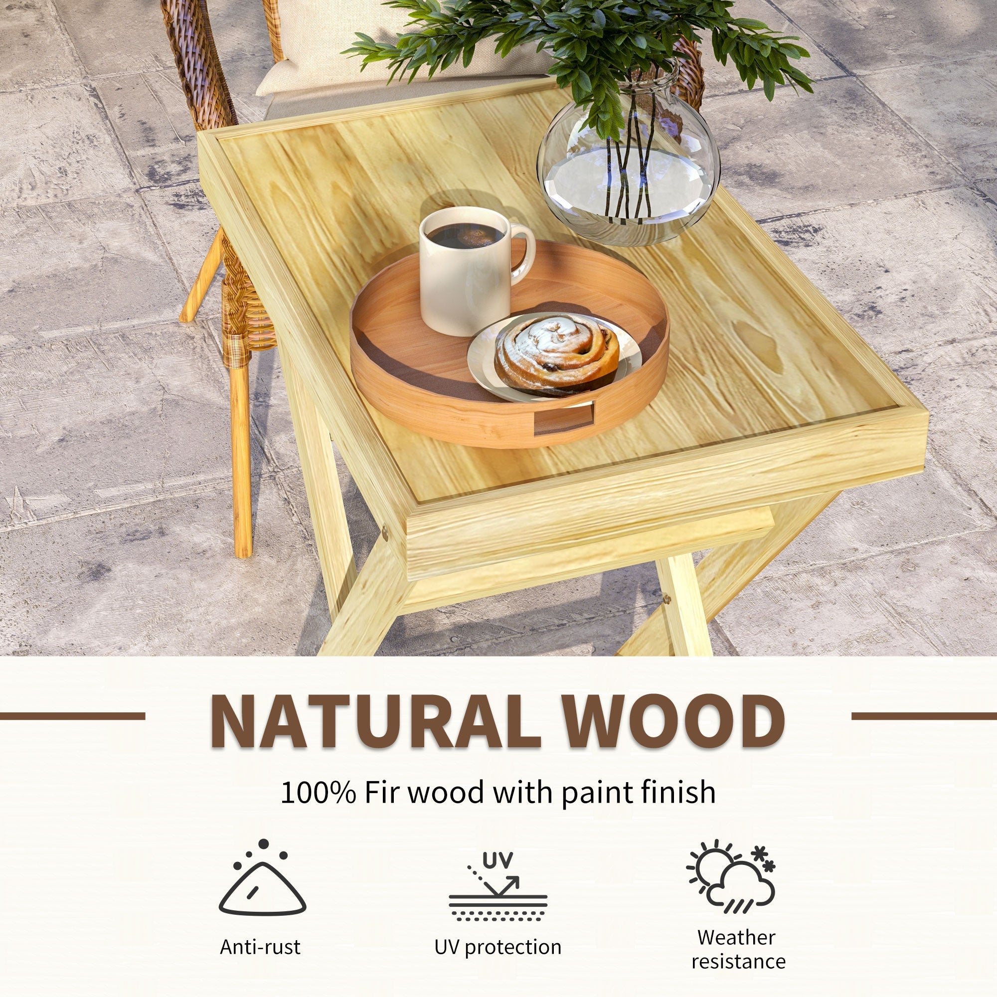 Wooden Outdoor Side Table with Raised Edges - Natural Finish-3