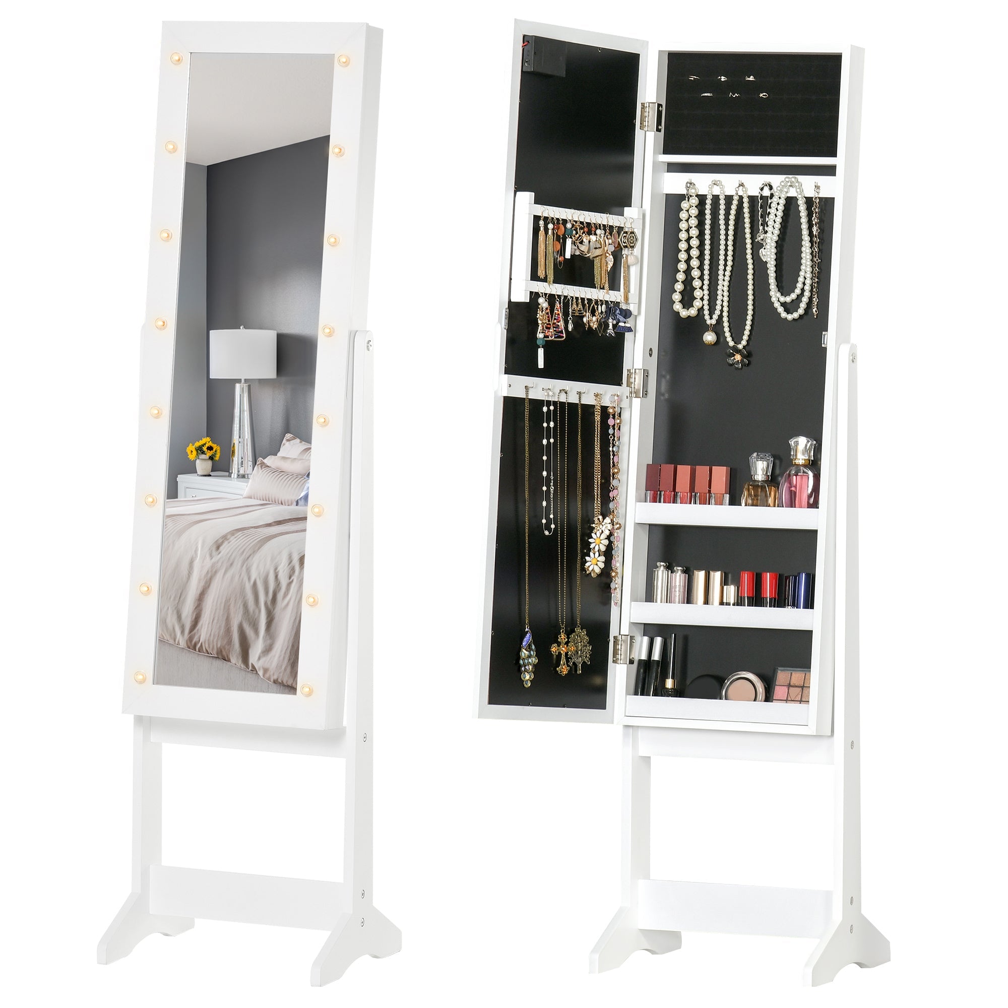 Full Body Mirrored Jewelry Cabinet W/ LED Light Jewelry Cabinet W/ 3 Angle Adjustable For Rings Earrings Bracelets Cosmetics Warm White-1