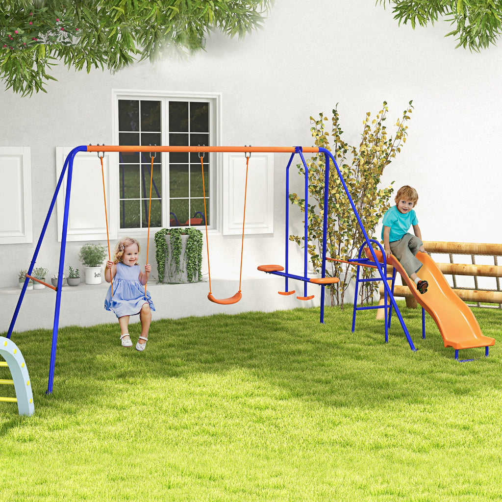 4 in 1 Metal Garden Swing Set with Double Swings and Slide - Orange-1