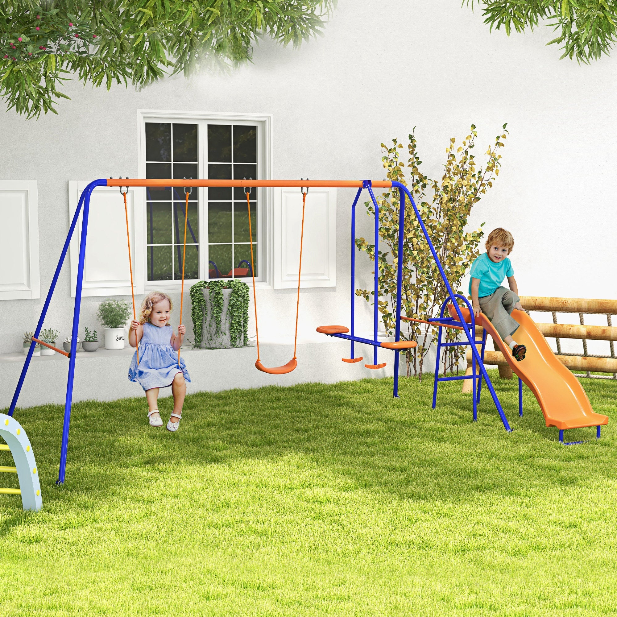 4 in 1 Metal Garden Swing Set with Double Swings and Slide - Orange-1
