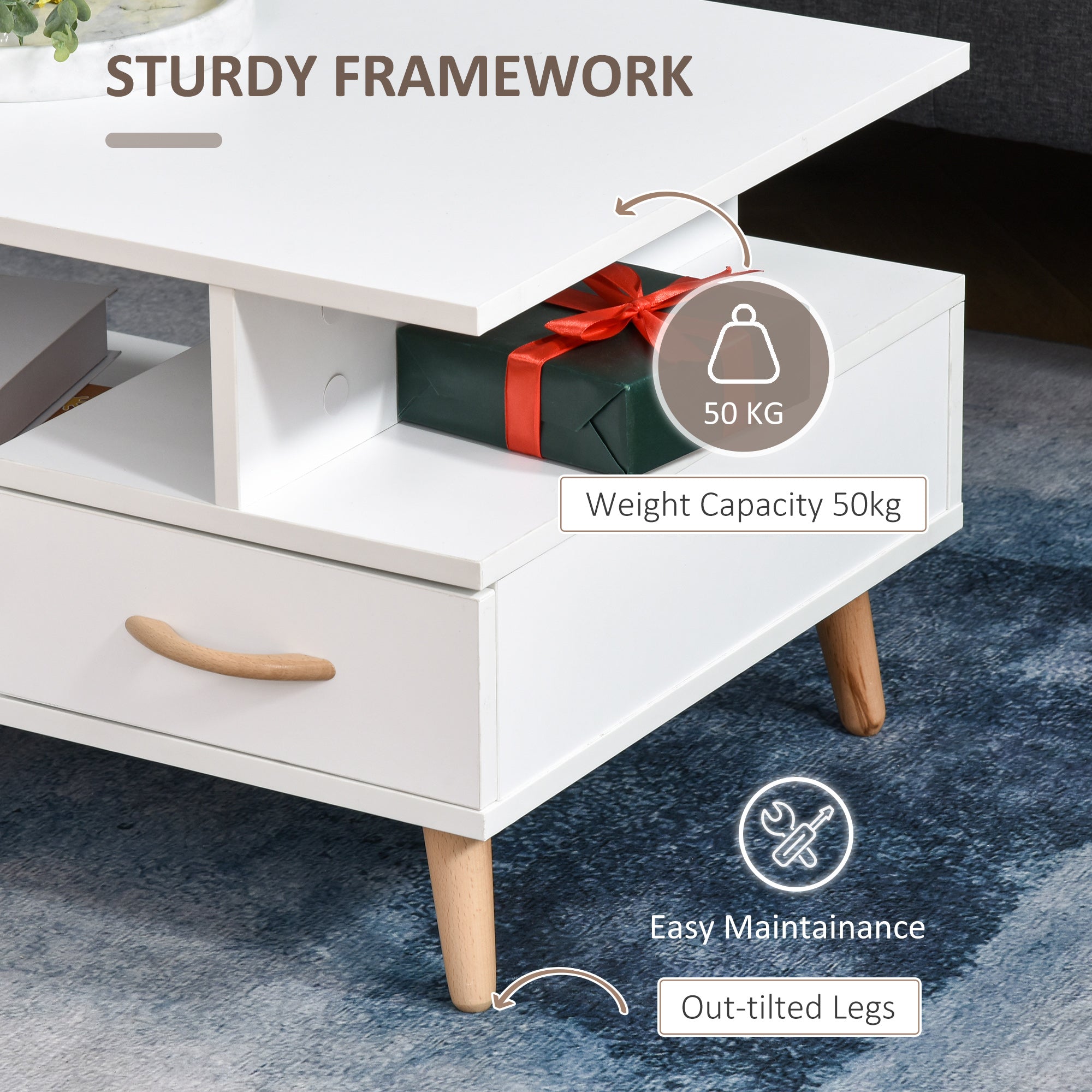 Modern Minimalism Coffee Table with Storage, Sofa Side Table with Shelf & Drawer for Living Room Reception Room, White-3