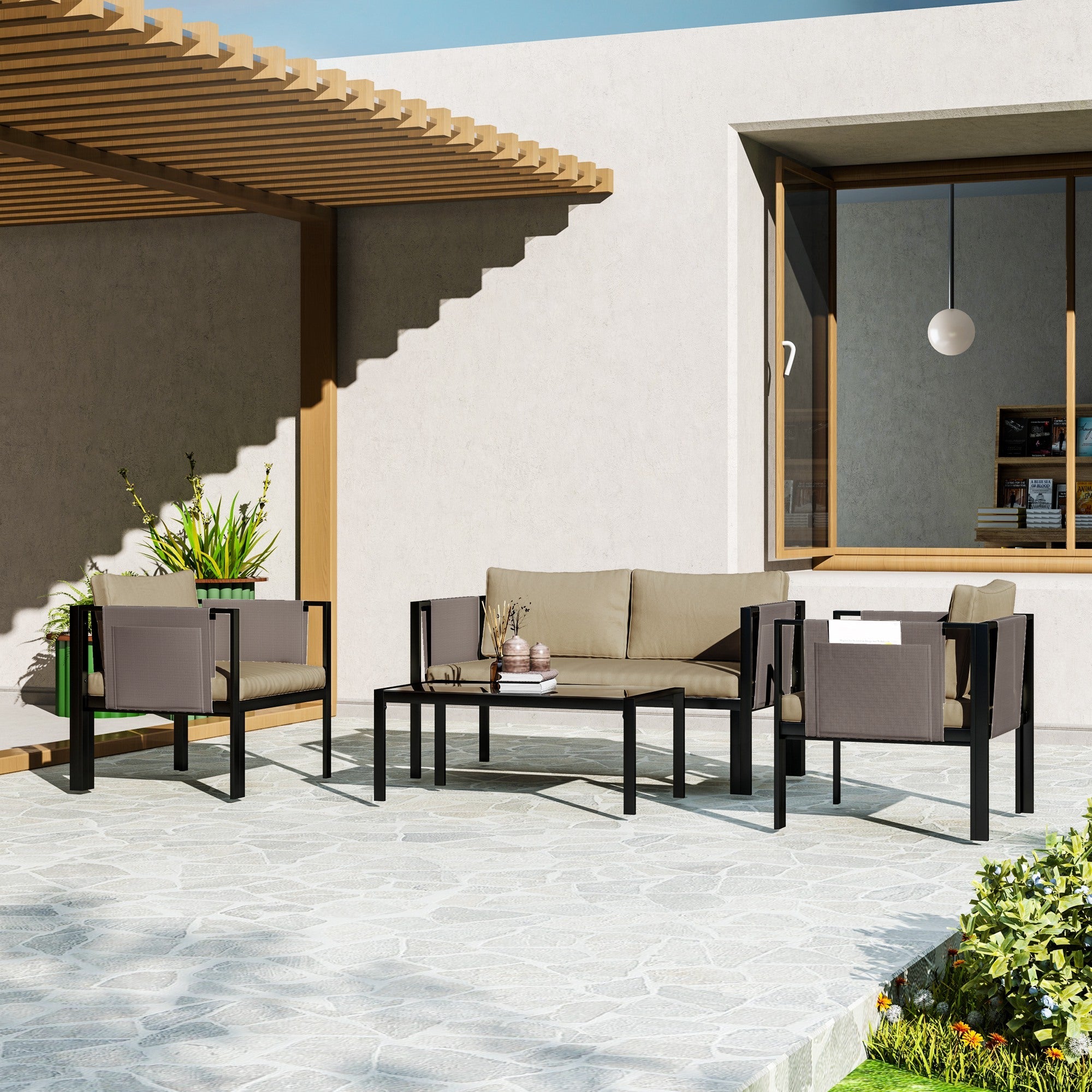 4 Piece Metal Garden Furniture Set with Padded Cushions - Khaki-1