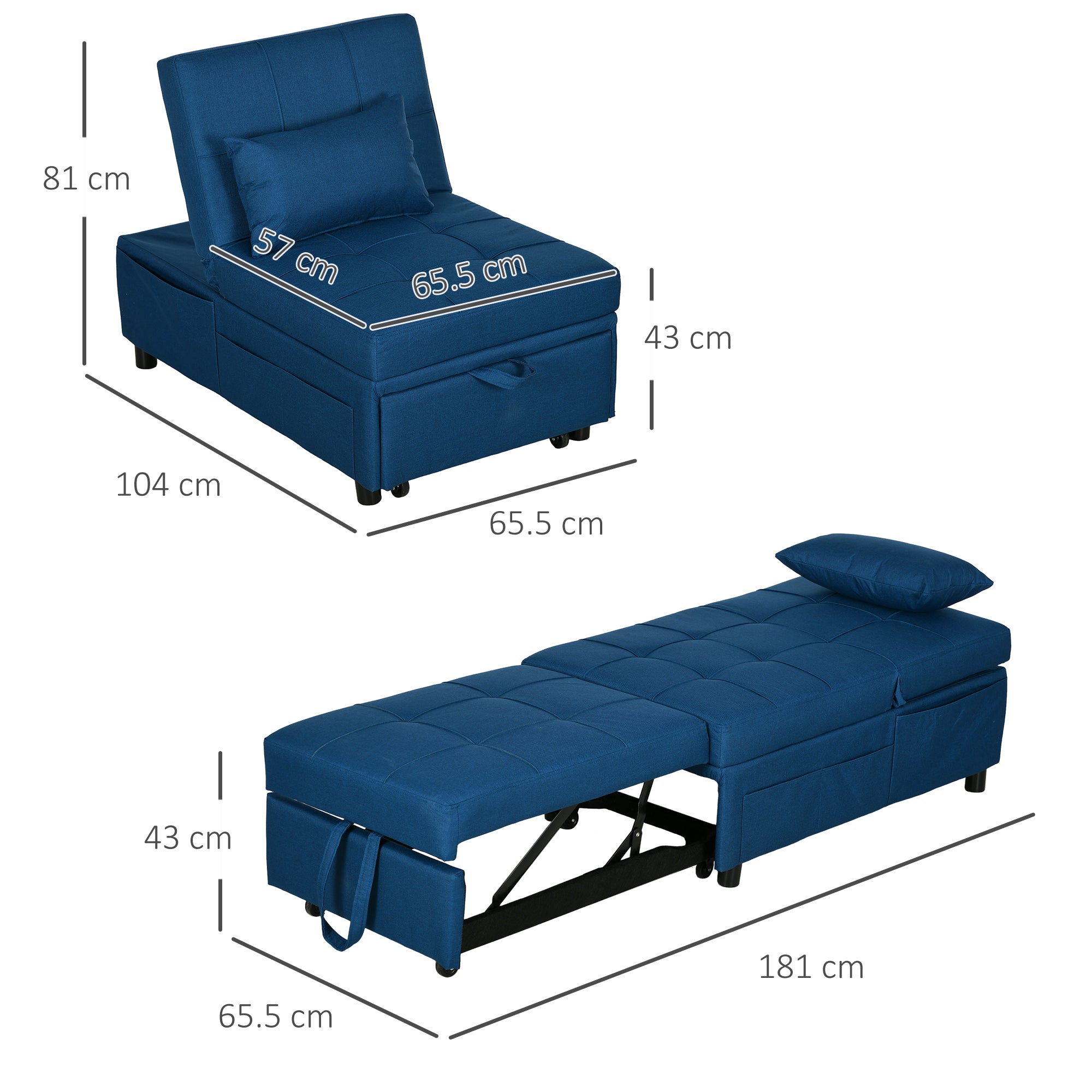 Convertible Chair Bed w/ Padding Seat, 3-in-1 Multi-Functional Sleeper Chair Bed, Recliner w/ Adjustable Backrest, Wheels and Pillow, Blue-2