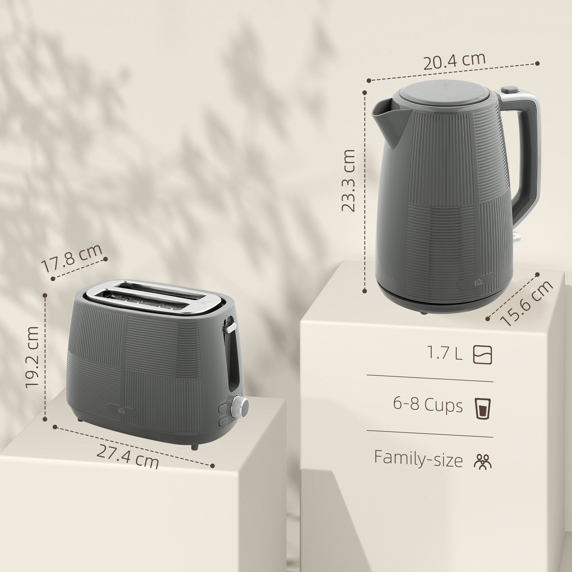 Kettle and Toaster Set, 1.7L 3000W Fast Boil Kettle & 2 Slice Toaster Kitchen Set with 7 Level Browning Controls, Defrost, Reheat, Boil-dry Protection, Grey-2