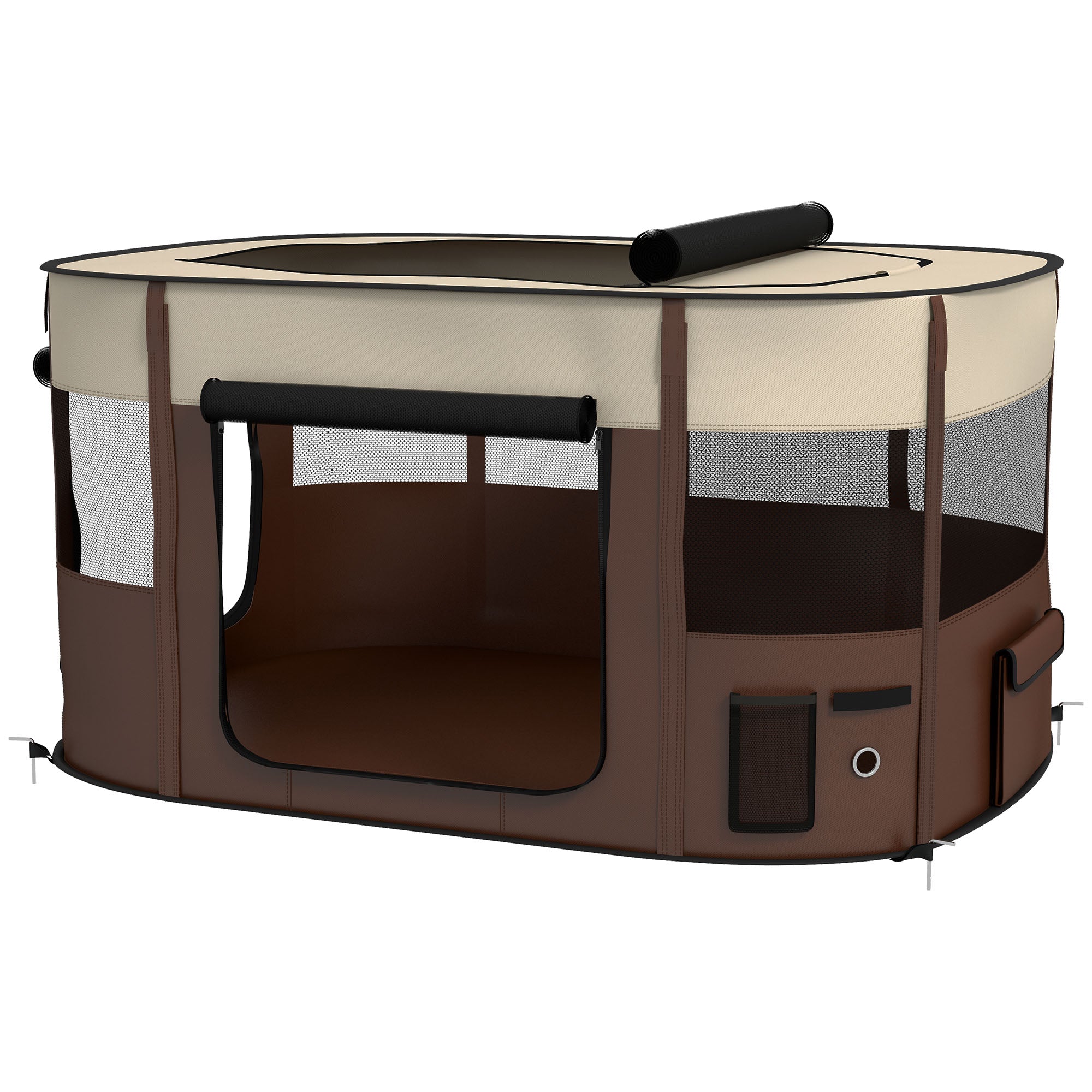 Foldable Dog Pen with Storage Bag for Indoor/Outdoor Use, Portable Pet playpen, with Ground Stakes - Brown-0