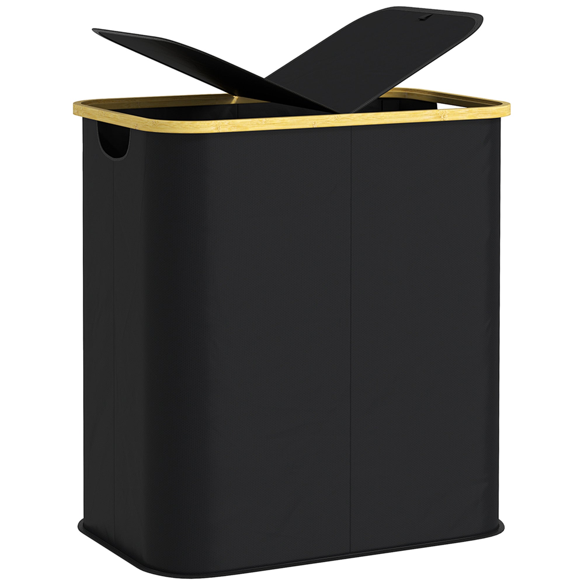 Double Laundry Basket With Lid, 80L Collapsible Laundry Hamper with Groove Handles, Washing Basket for Bathroom, Bedroom, Laundry Room, Black-0